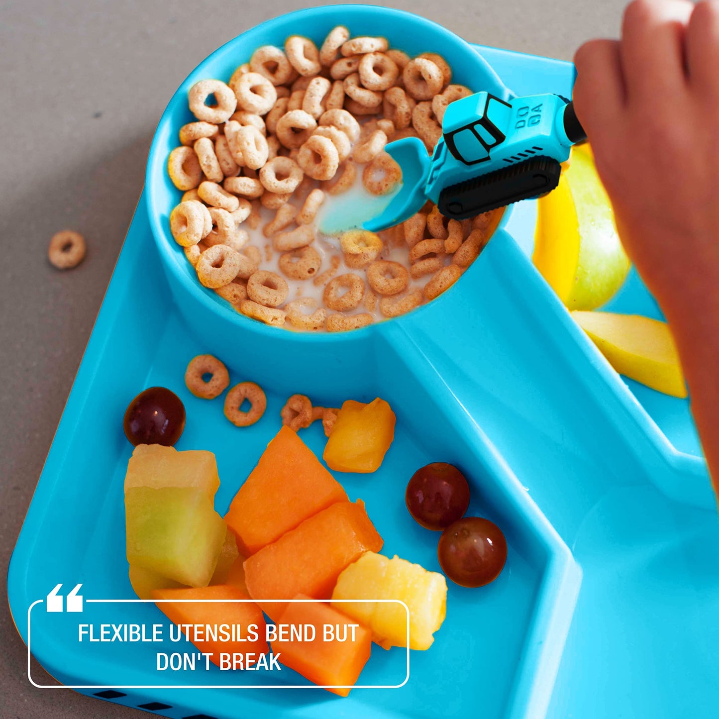 Dinneractive 3-Piece Construction Themed Toddler Utensils & Plates - Toddler Forks, Spoons & Divided Plates - Blue, Vehicle Pattern