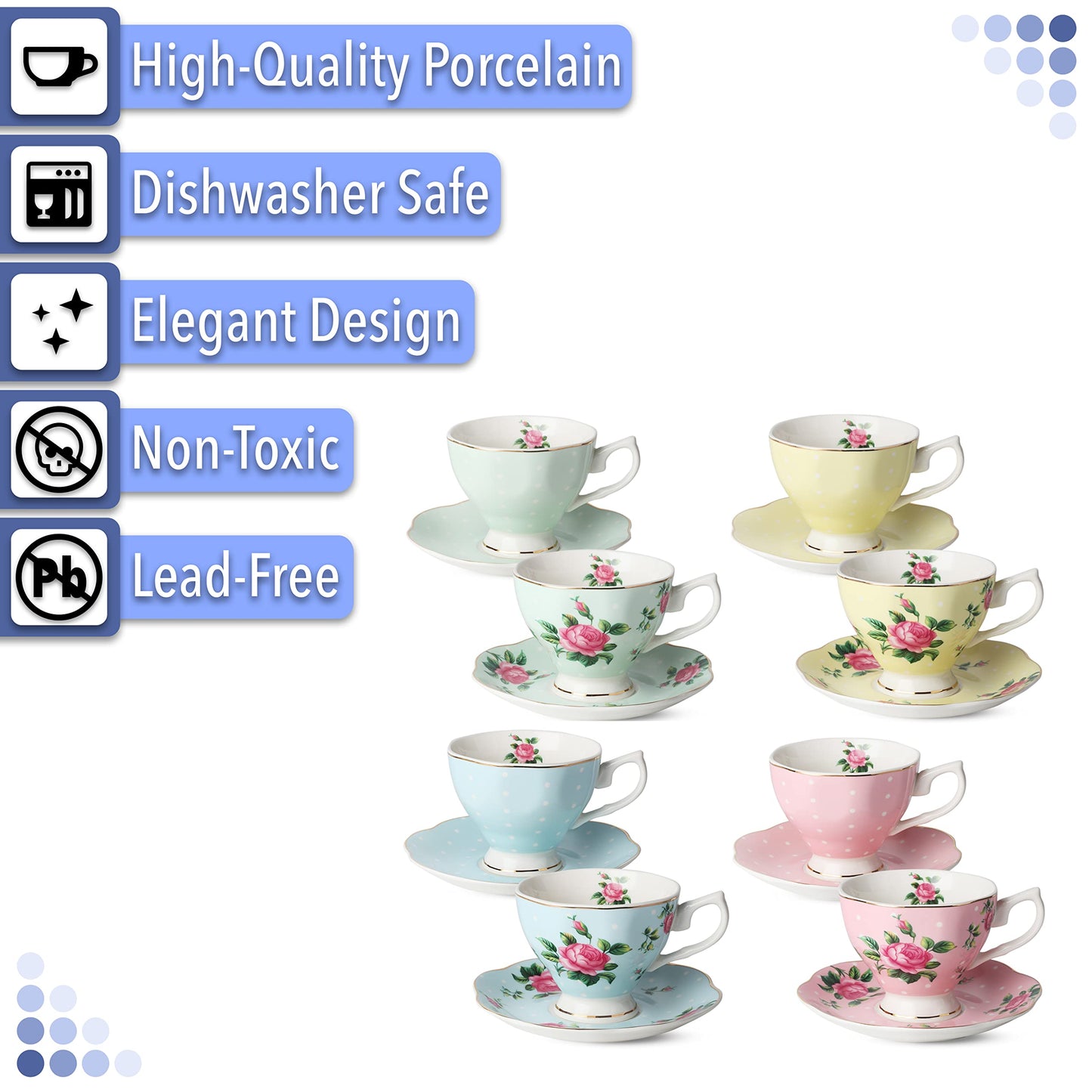 BTaT- Floral Tea Cups and Saucers, Set of 8, 8 oz, Fine Porcelain Teacup Set with Gold Trim for Afternoon Tea, Weddings, Parties & Gifting, Dishwasher Safe, Lightweight, Non-Toxic, Mothers Day Gift