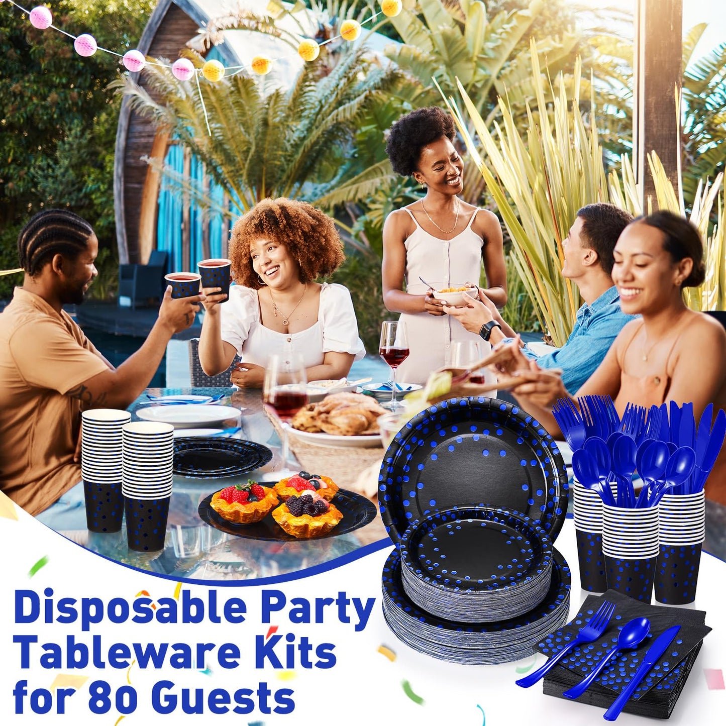 Sieral 560 Pcs Blue and Black Paper Plates Party Tableware Set Serve 80 Includes Disposable Paper Cups Forks Knives Spoons and Napkins Party Decor Supplies for Birthday Graduation Wedding and Holiday