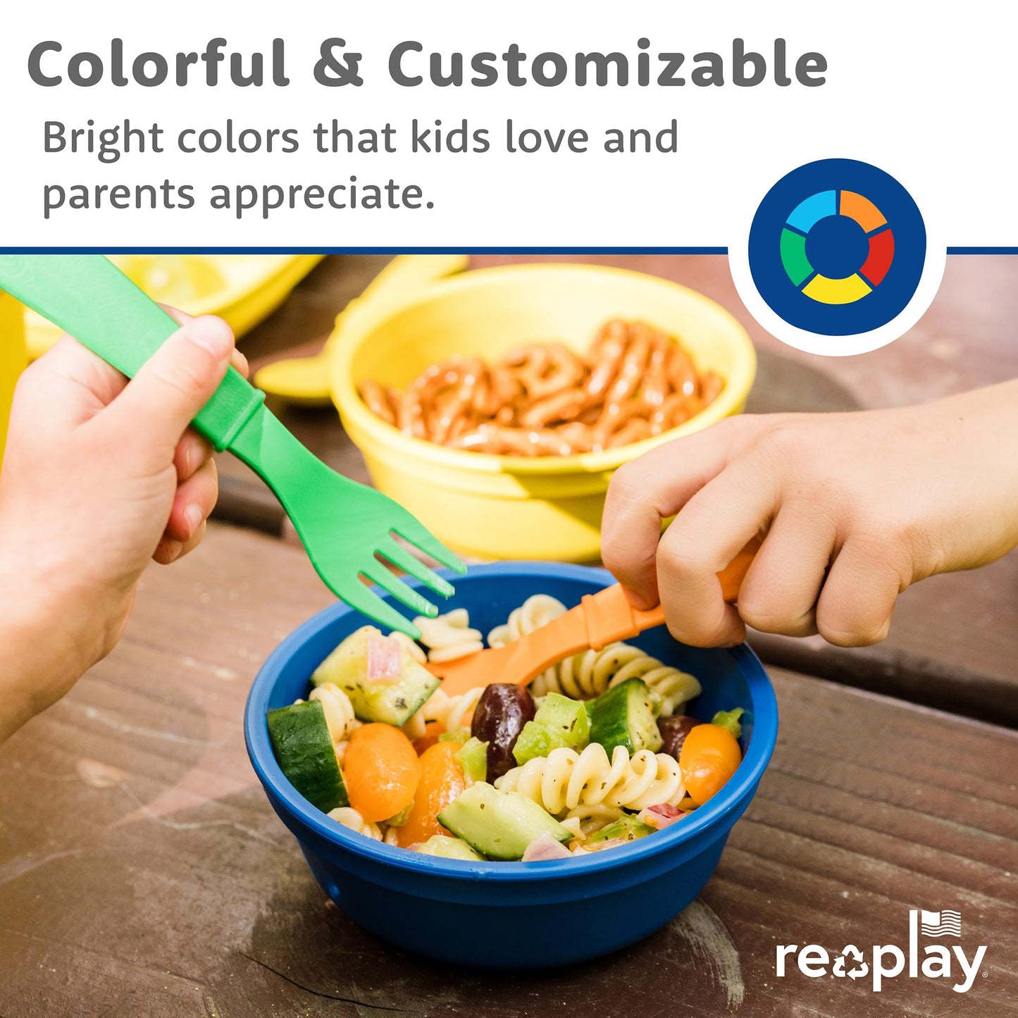 Re-Play 3 Divided Toddler Plates, 3 Utensils Set and 3 Wide Base Bowls - Dishwasher and Microwave Safe - Made in USA - Bluesy
