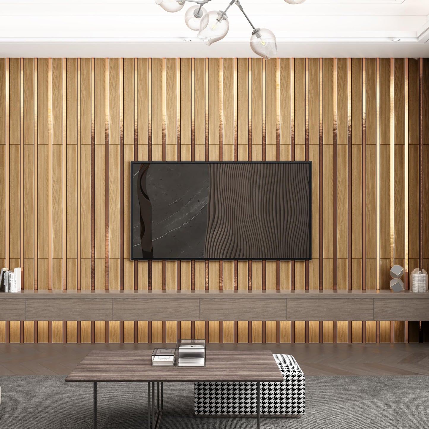 Haimin 3D Wall Panels Wood Grain Slat, 10Pcs 23.6"x11.6" Peel and Stick Self-Adhesive Textured Paneling, Easy DIY Light Luxury Decor for Bedroom Living Room Home (Light Oak with Gold)