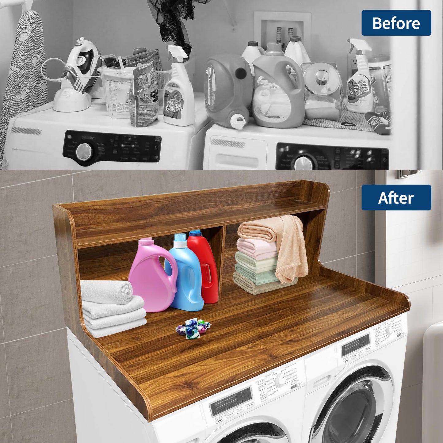Washer Dryer Countertop with Shelves, 54" x 27.55" 2-Tier Wood Laundry Countertop with 2.75" Edge Rails and Non-Slip Pads, Washer and Dryer Topper for Laundry Room Organization, Walnut Brown