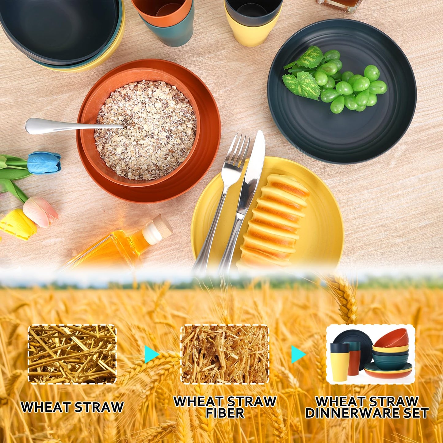 32-Piece Wheat Straw Dinnerware Set, Unbreakable Portable Camping Mess Kit with Plates & Bowls, Dishwasher & Microwave Safe for Family, Picnics & Travel (Colorful)
