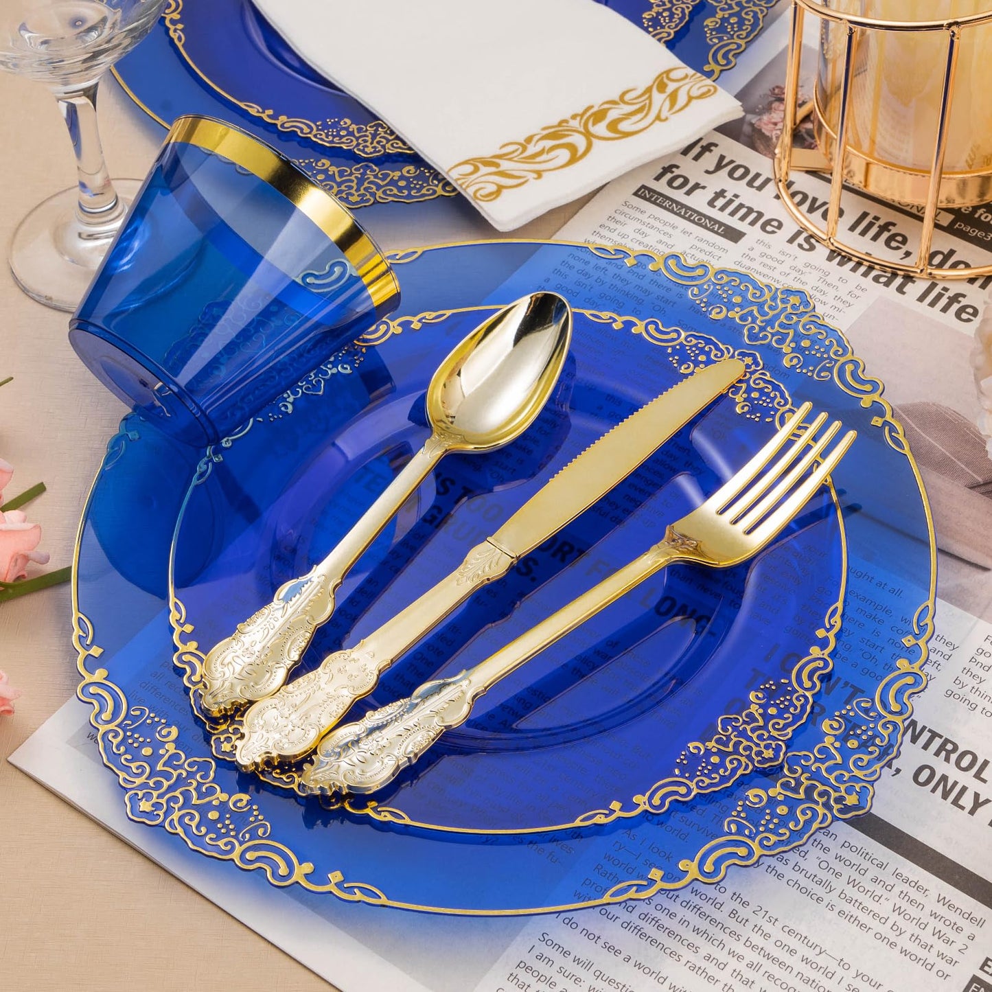 Bestluck 350PCS Clear Blue Plastic Plates for 50 Guests, Disposable Plates with Gold Trim include 50 Dinner and Dessert Plates, 150 Gold Silverware, 50 Cups, 50 Napkins for Party, Wedding & Graduation