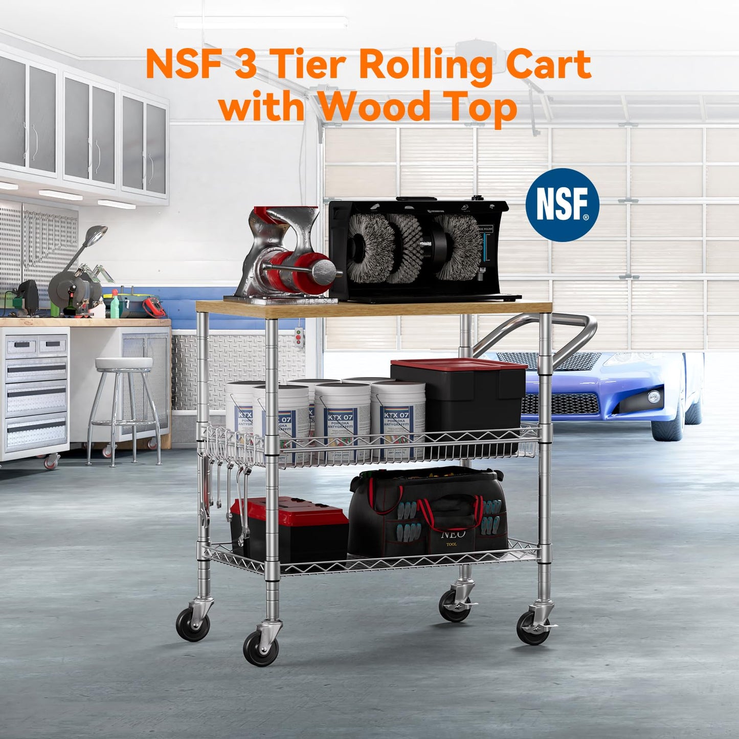 3 Tier Rolling Kitchen Carts on Wheels with Storage,650Lbs Heavy Duty Utility Carts with Wheels,Kitchen Island with Wood Tabletop,Metal Serving Rolling Cart for Small Appliance Food Cart,Wood+Metal