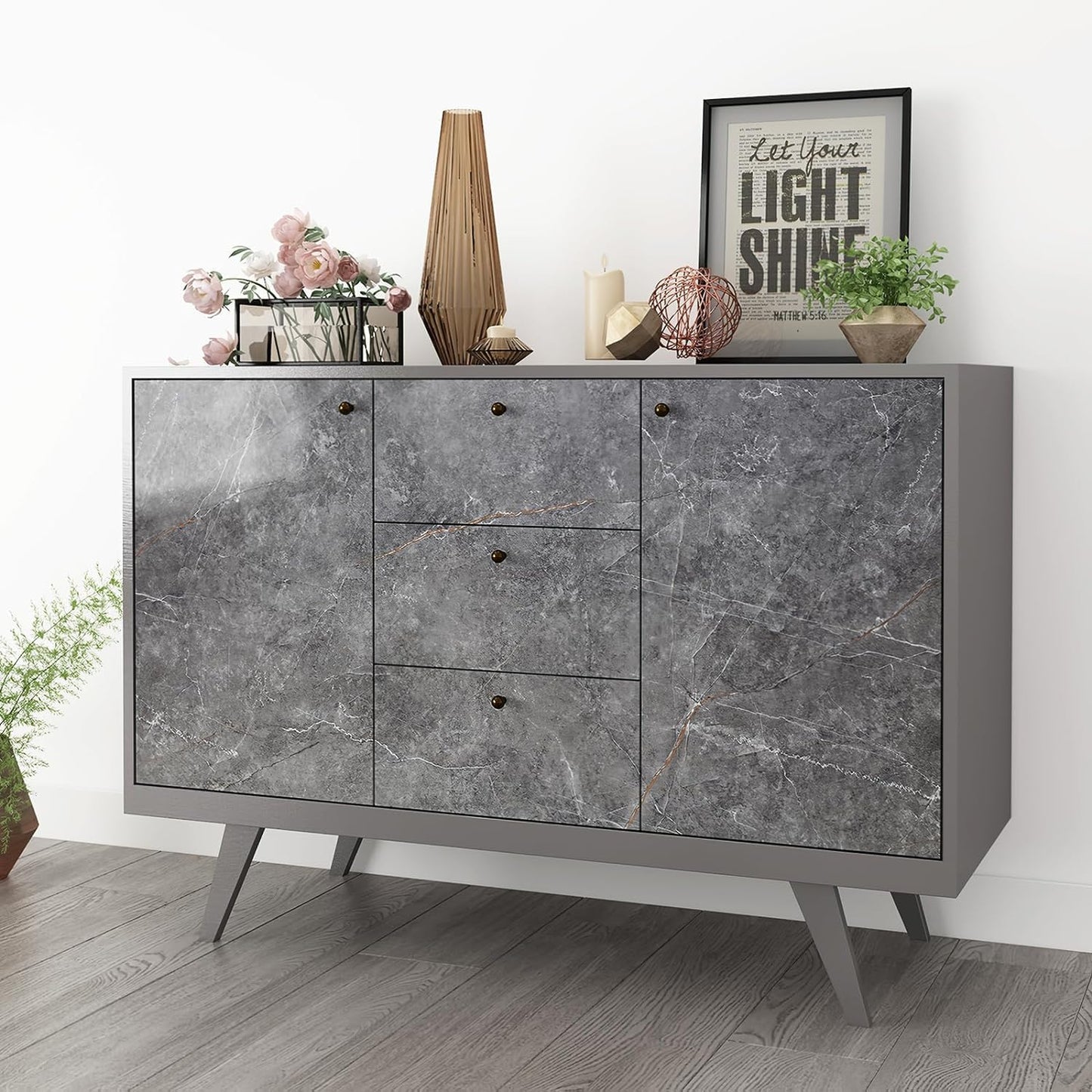 BOMENG Glossy Marble Contact Paper Granite Grey Peel and Stick Wallpaper for Bathroom Kitchen Cabinets Countertops Furniture Renovation, Removable Waterproof Self-Adhesive Vinyl Wrap 24" x 197", Gray