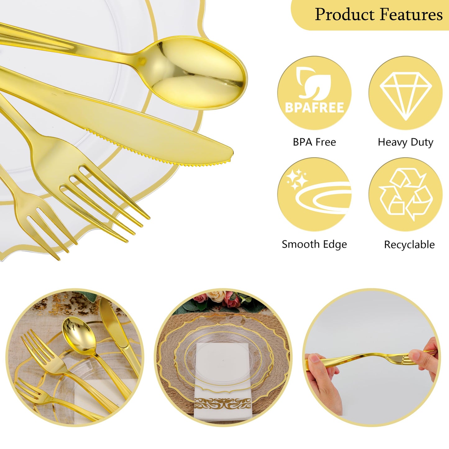Noemie 300 PCS Premium Clear Plastic Plates, Clear Baroque Dinnerware Set for 50 Guests with Gold Trim Include 50 Dinner & 50 Dessert Plates, 200 Gold Silverware Set
