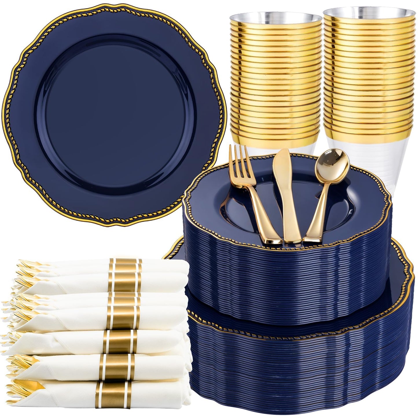 Hioasis 350pcs Blue and gold Plastic Plates - Blue Plastic Dinnerware Set Includes 50 Dinner Plates, 50 Dessert Dinnerware, 50 Cups, 50 Rolled Napkin Cutlery Perfect for Wedding