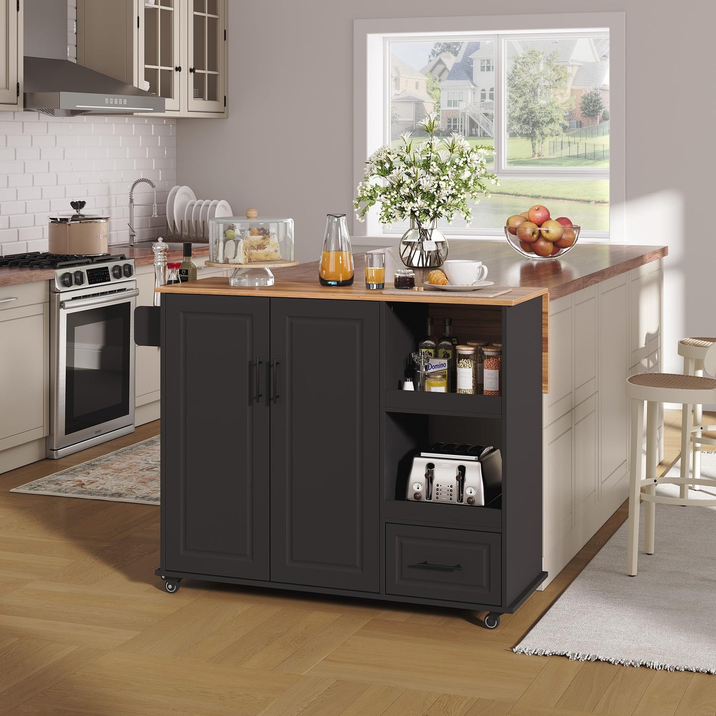 IDEALHOUSE Rolling Kitchen Island on Wheels, 48'' Mobile Kitchen Cart with Drop Leaf, Butcher Block Island with Open Shelf, Drawer, Spice Rack, Wood Top, and Lockable Wheels