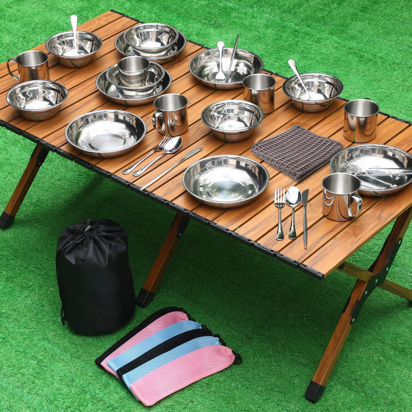 Lallisa 16 Pcs Outdoor Camping Cookware Mess Kit Polished Stainless Steel Dishes Camping Utensils Portable Tableware with Plates Cups Spoons Forks Knives Mesh Bag for Backpacking Hiking