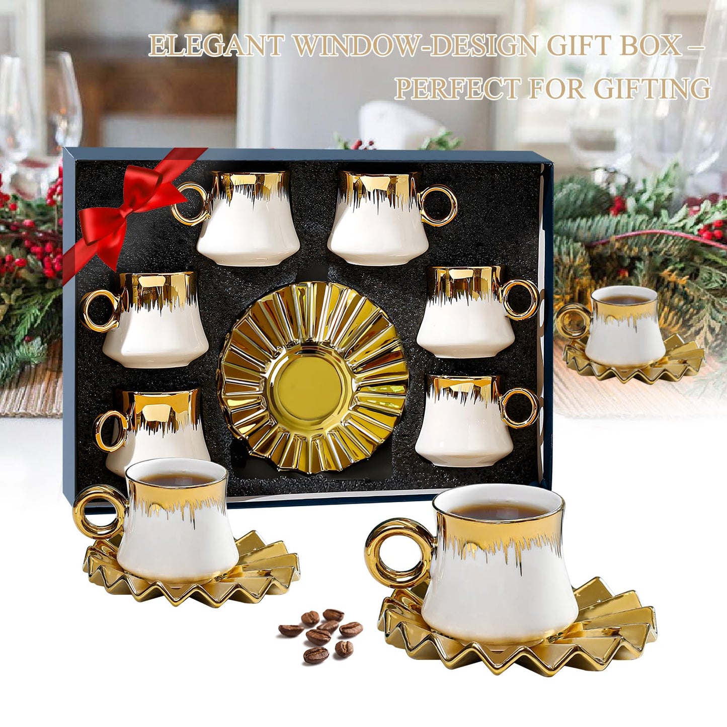 Kytree 3.5oz Ceramic Turkish Coffee Cup Set of 6, Porcelain Espresso Cups and Saucers British Italian Cappuccino Cups with Gold Trim for Double Espresso Cappuccino Latte Mocha Tea (White)