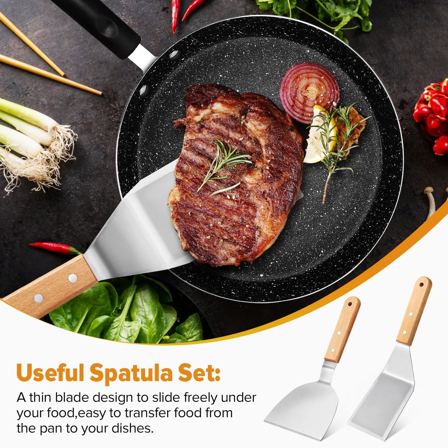 Metal Spatula Set,Fish Griddle Spatulas,Stainless Steel Spatula Turner with Wooden Handle,Small Wide Beveled Edges Spatulas Flippers for Cast Iron Skillet, Pancake, Egg, Burger, Omelet, 2 Pack