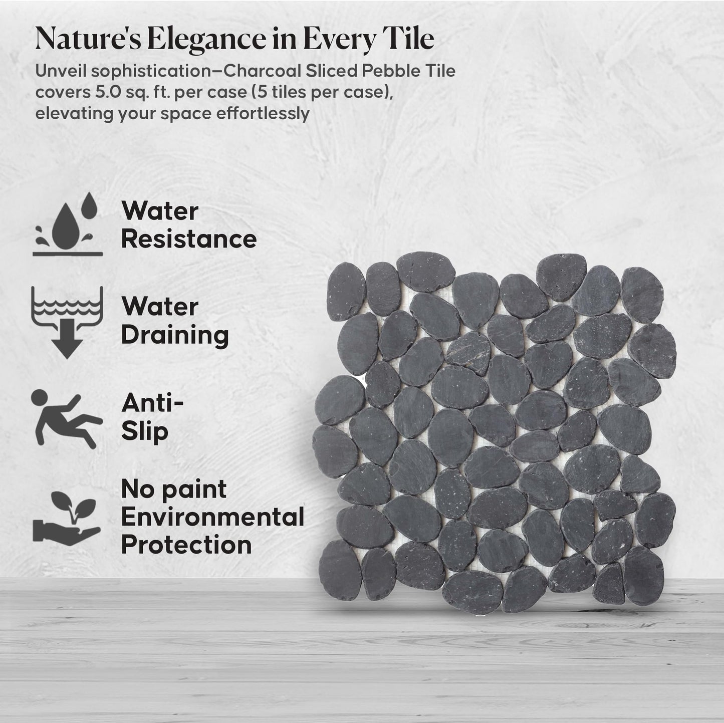 PEBBLETILE.CO Charcoal Sliced Pebble Mosaic, Tumbled Stone Backsplash Tiles for Kitchen Walls, Shower and Bathroom Floors, and Outdoor Areas (12" X 12")