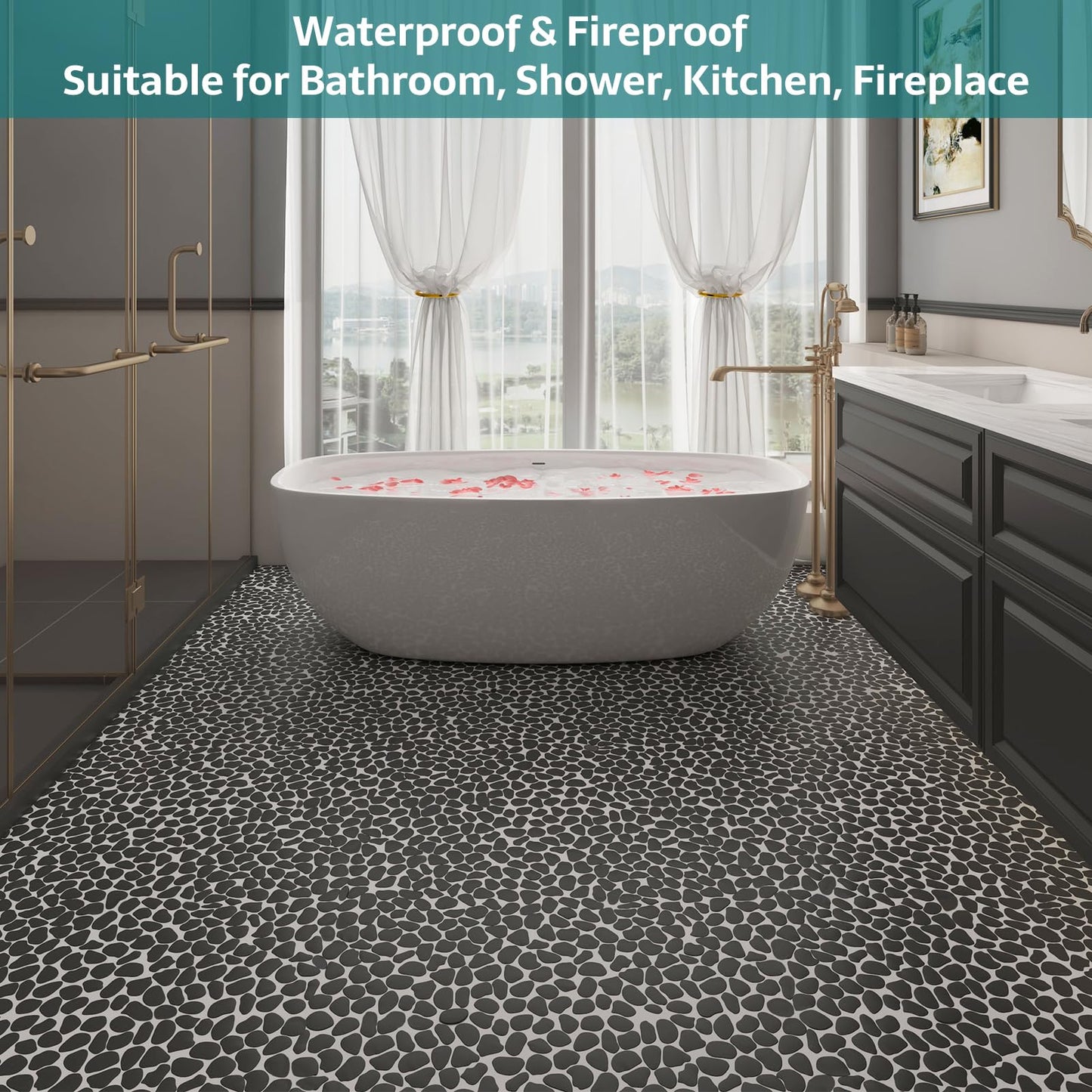 Soulscrafts Pebble Tile for Shower Floor, Black Pebble Mosaic Backsplash, Bathroom Shower Floor Kitchen Backsplash Tiles Pack of 5 Sheets