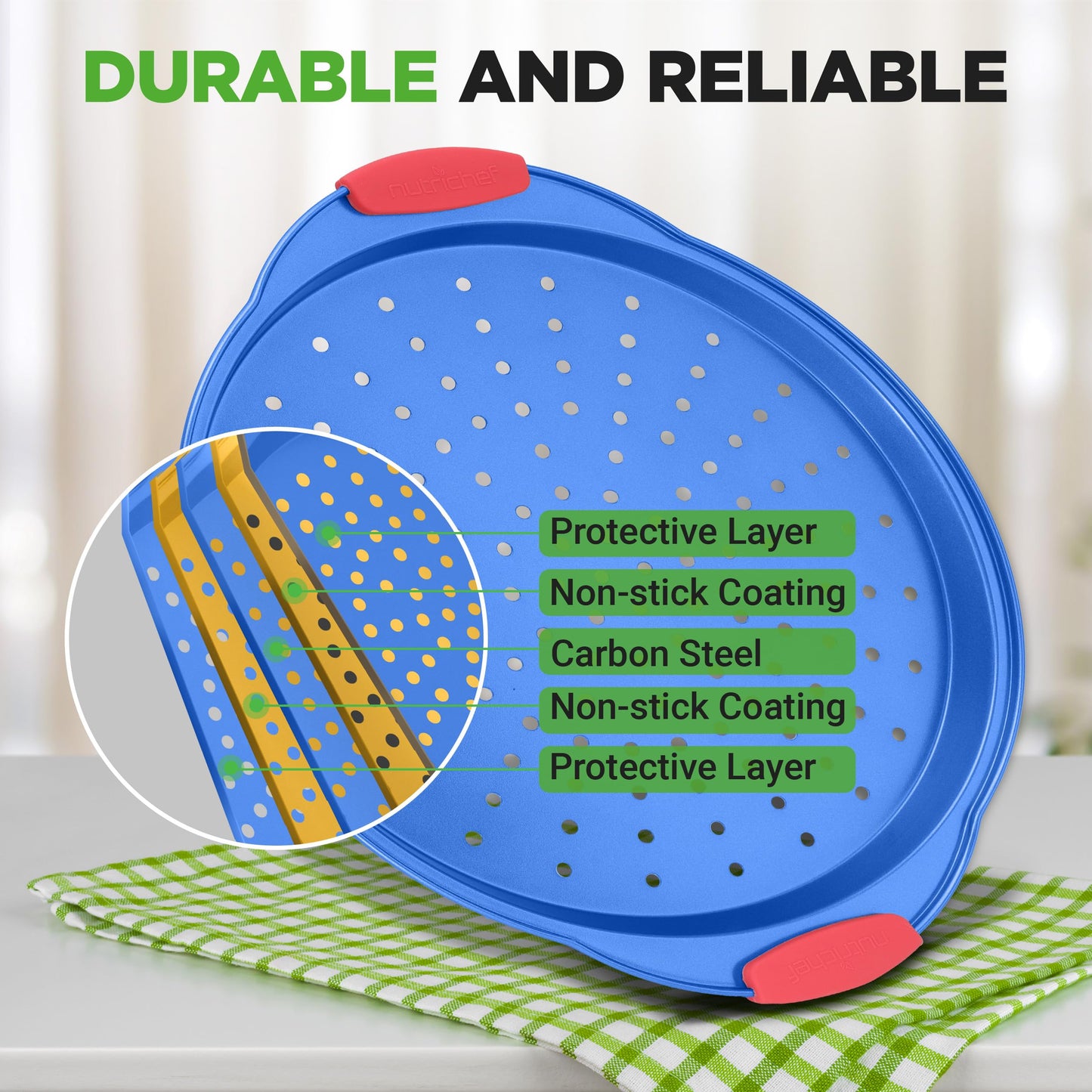 NutriChef 13-Inch Nonstick Pizza Tray - Round Carbon Steel Non-Stick Pizza Baking Pan with Perforated Holes, Premium Bakeware Pizza Screen with Silicone Grip Handles, Dishwasher Safe - Blue