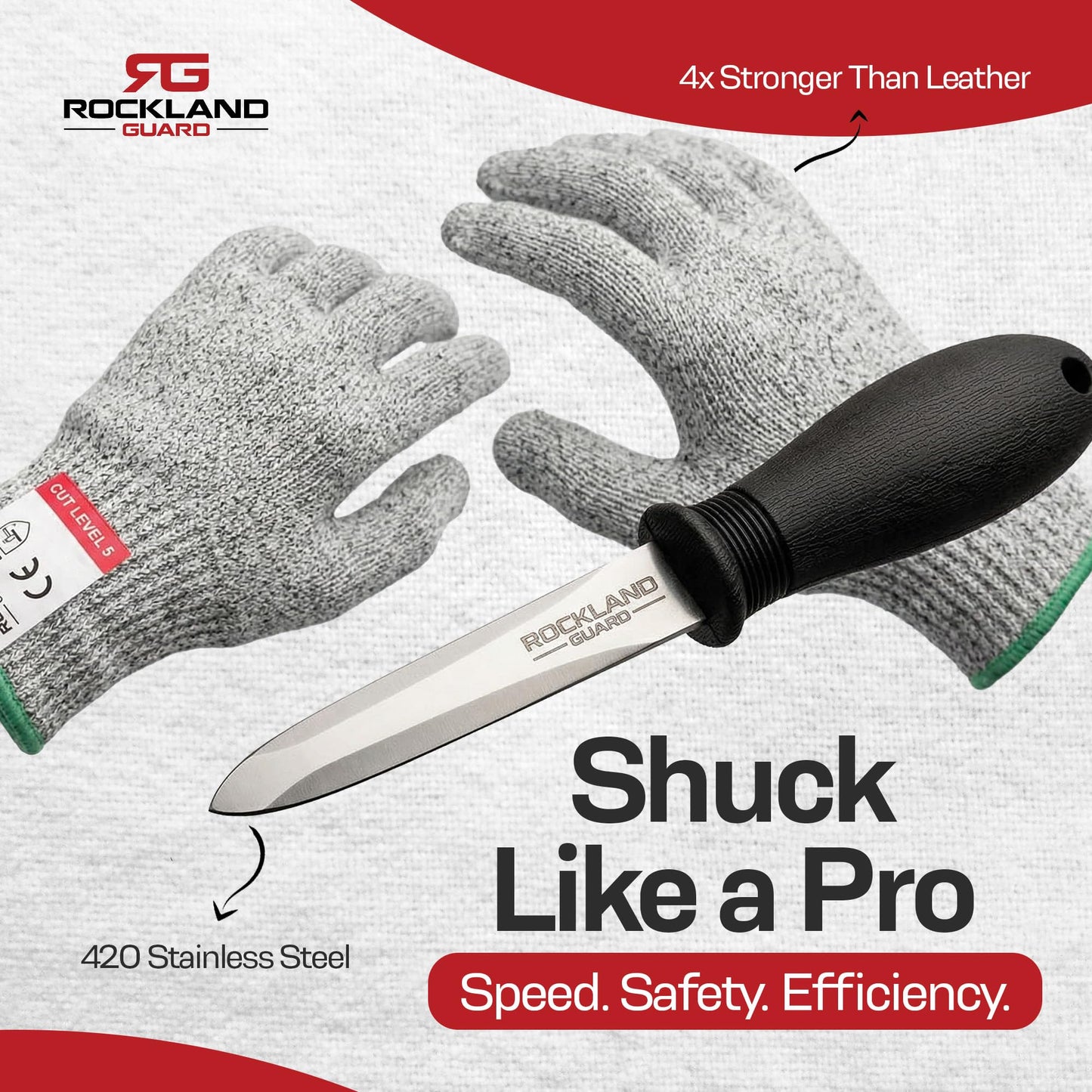 Rockland Guard Professional Oyster Shucking Kit - 3.5” Heavy Duty Stainless Steel Oyster Shucking Knife and Level 5 Cut Resistant Gloves, Clam Opener Shucker and Seafood Tool Gift Set, Extra Large
