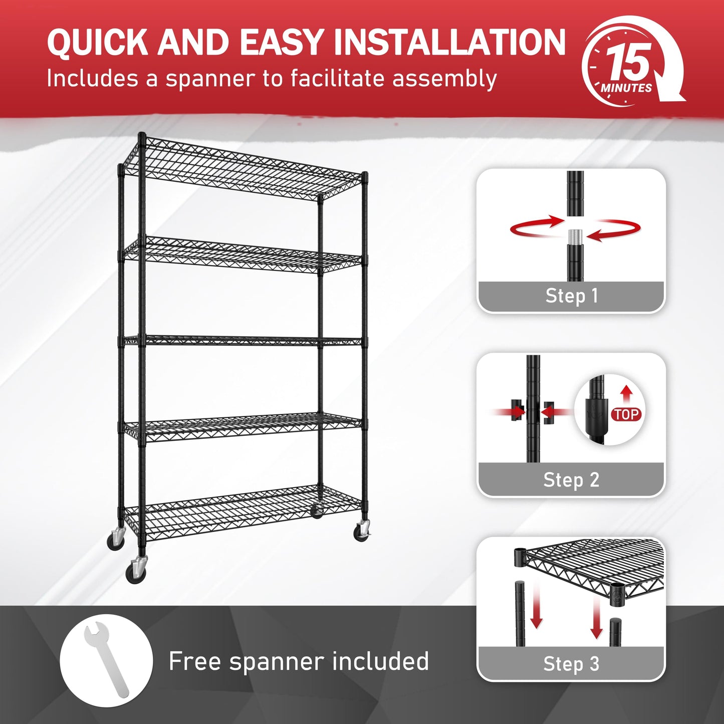 BlueWish 5-Tier Heavy Duty Steel Wire Shelving Unit with Wheels, Adjustable Storage Shelving Unit, 18" D x 48" W x 76" H NSF Certified Rolling Shelving for Kitchen Garage Basement Warehouse, Black