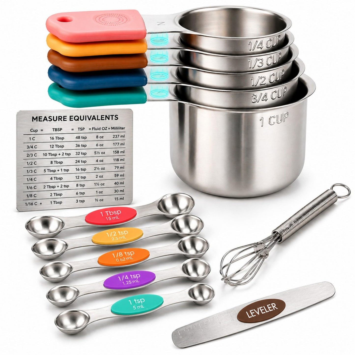 Magnetic Measuring Cups and Spoons Set, 13 Piece 304 Heavy Duty Stainless Steel with Leveler, Mini Whisk & Conversion Chart, Stackable Nesting Design, Double Sided Spoons for Dry & Liquid Ingredients