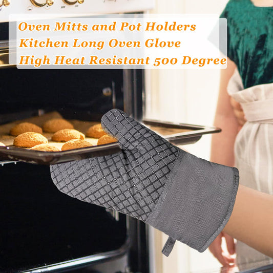 4 Pcs Oven Mitts and Pot Holders,Kitchen Long Oven Glove High Heat Resistant 500 Degree,Extra Thicken Oven Mitts and Potholder with Non-Slip Silicone Surface for Baking,Grilling,Cooking(Grey)