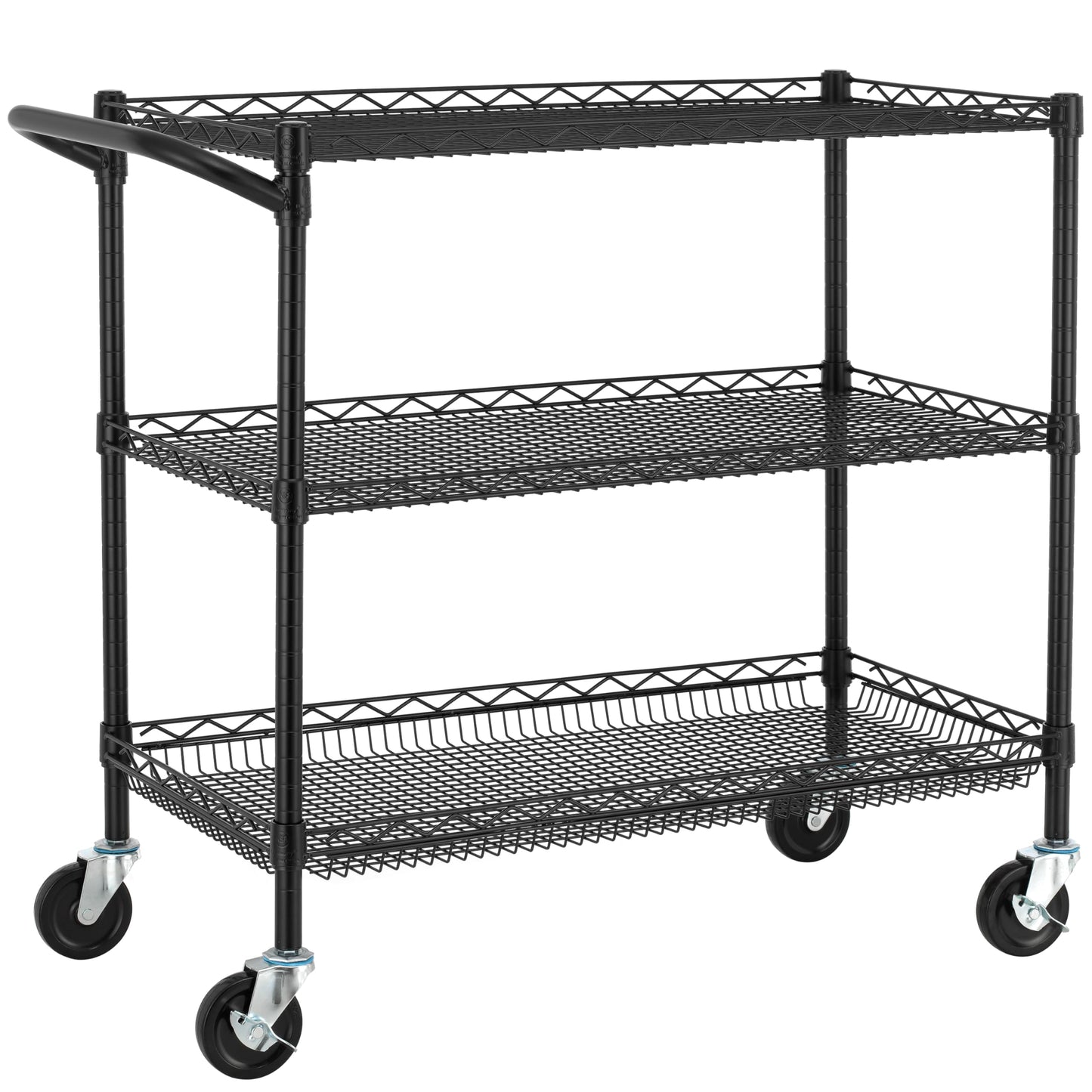 Finnhomy 3 Tier Heavy Duty Commercial Grade Utility Cart, Wire Rolling Cart with Handle Bar, Steel Service Cart with Wheels, Kitchen Carts on Wheels, Metal Cart Shelf Size 18" D x 36" W, NSF, Black