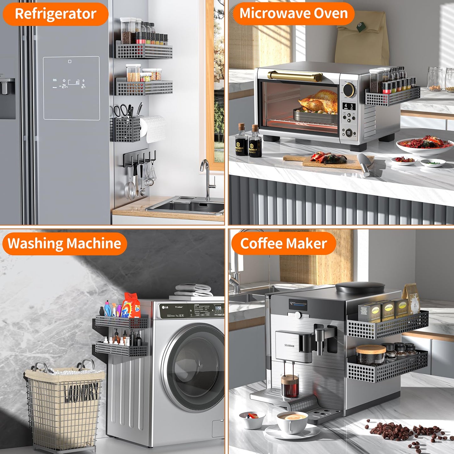 Toosci Magnetic Spice Rack for Refrigerator 2 Tiers and Paper Towel Holder and Utensil Holder, Magnetic Refrigerator Organizer, Strong Magnetic Fridge Shelf, Side Fridge Storage Rack for Kitchen