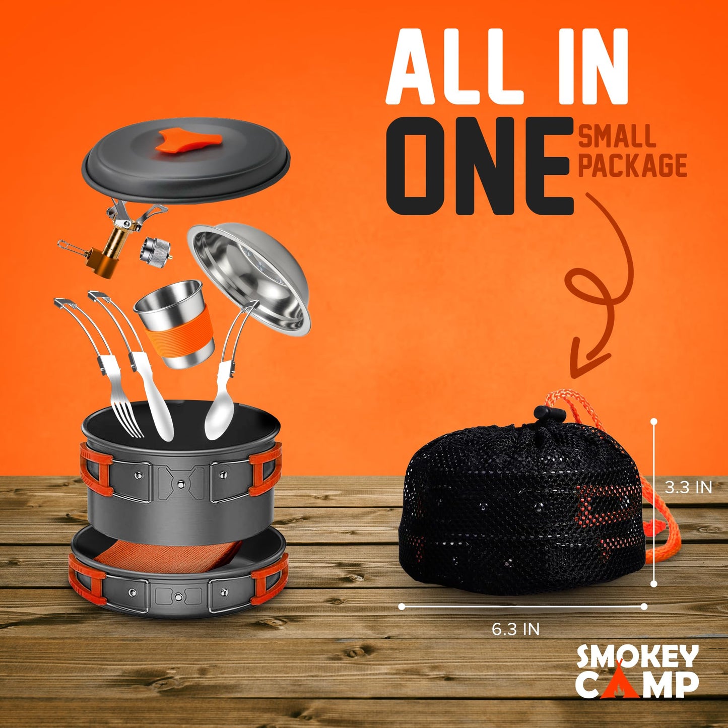 11 Pcs Smokey Camp Backpacking Cooking Set with Stove & Adapter - Pot, Pan, Stove, Cutlery, Compact Camping Cookware Mess Kit for One Person, All in One Non-Stick Camping Cooking Set, Hiking, Picnic