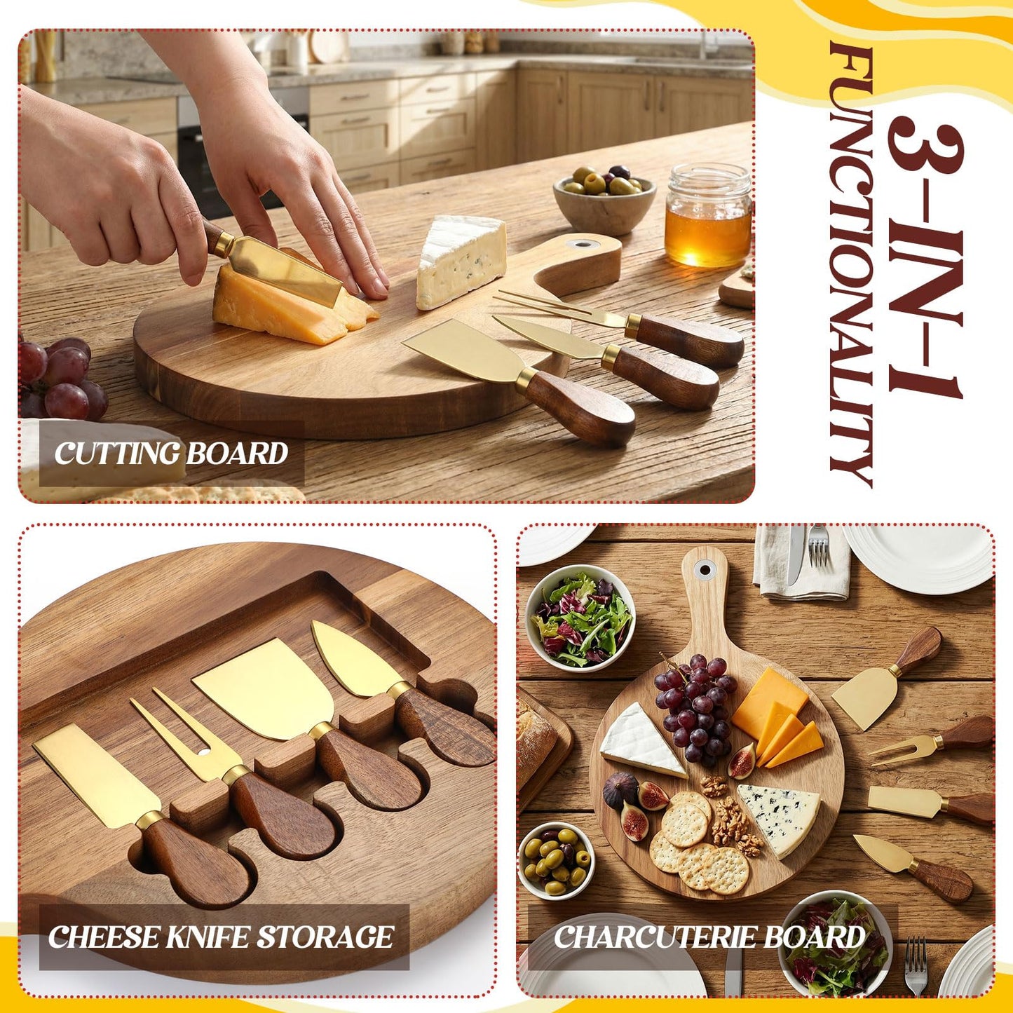 Didaey Acacia Cheese Board and Knife Set Including Stainless Steel Cheese Tools with Slicer and Cutters for Platter Cutting Serving Plate Tray Housewarming Wedding Gift