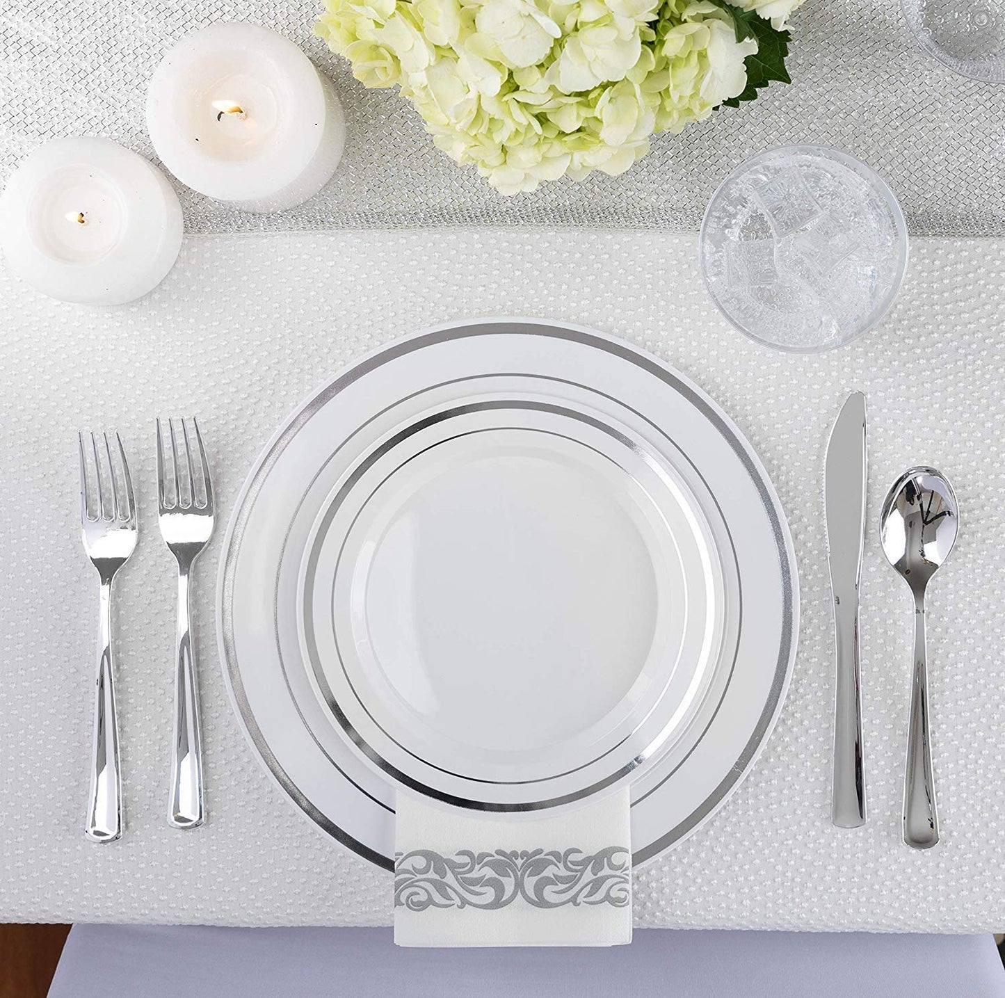 125-Piece White and Silver Fancy Plastic Plates Disposable with Silverware, Elegant Dinnerware for Weddings, Holiday Party China, Set of 25 Dinner + Salad Plates, 25 Spoons, 25 Forks, 25 Knives