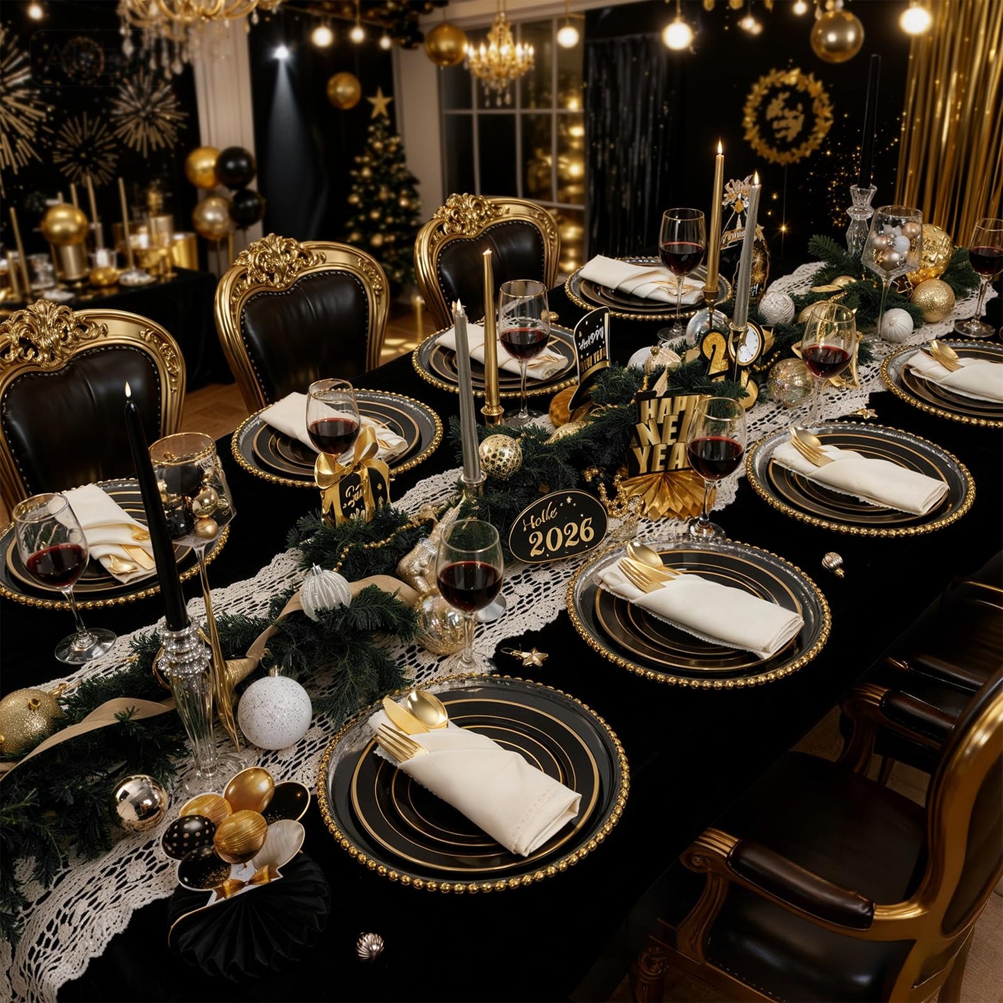 350 Pieces Black and Gold Plastic Plates with Disposable Silverware, Include 50 Dinner Plates 9”, 50 Dessert Plates 6.3”, 50 Black Cups 9 OZ, 50 Pre Rolled Napkins for Wedding Party Graduation