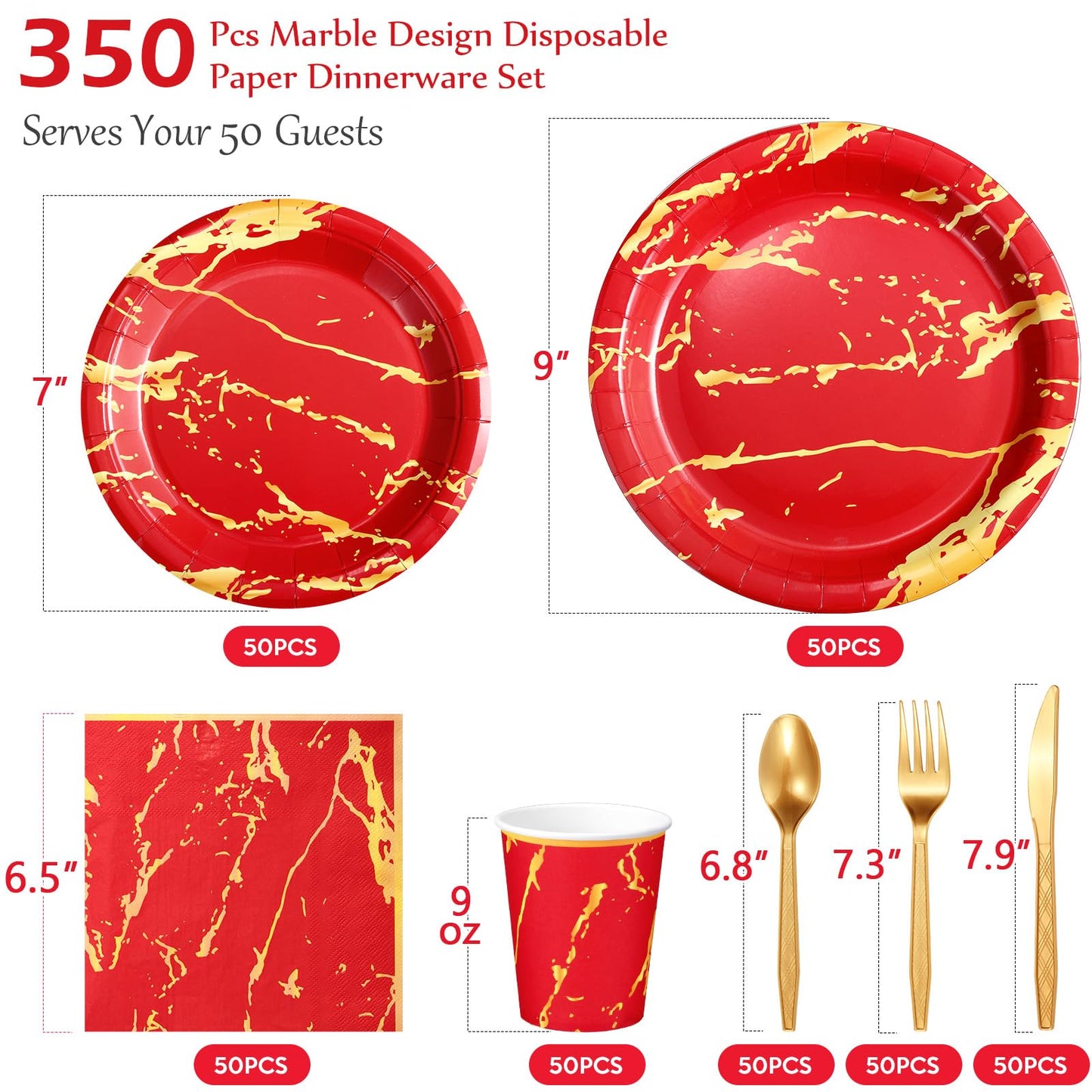 Bokon 350 Pcs Red Gold Party Supplies Disposable Dinnerware Set Include 100 Plates 50 9 oz Paper Cup 50 Sets Spoon Fork Knives 50 Napkin for 50 Guests Wedding Birthday Valentines Party Decoration
