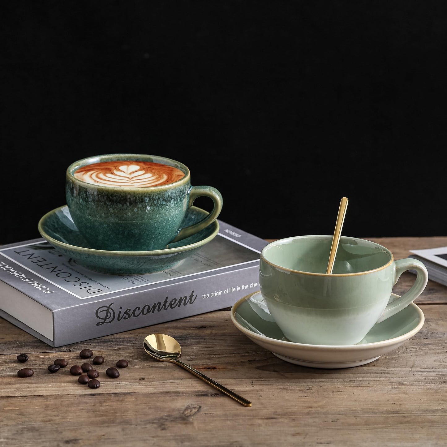 Tvvtuww Porcelain Coffee Cup with Saucer Spoon, Vintage Design Ceramic Latte Art Cappuccino Barista Espresso Tea Cup with Saucer (11.6 oz, 350ml, White Both Green)