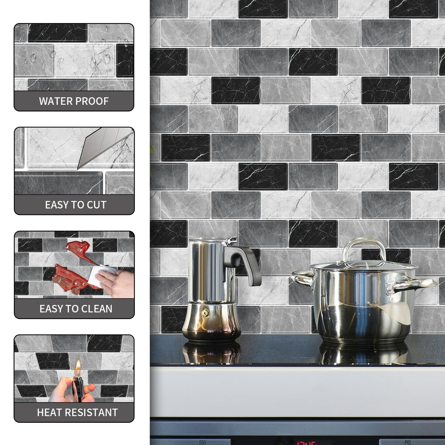 BSABSAQAA 10 Sheets Peel and Stick Backsplash for Kitchen 12"X12" Renter Friendly Backsplash Back Splash Adhesive Subway Wall Tile Flat Vinyl Sticker for Bathroom Grey Marble (Not 3D Tile)