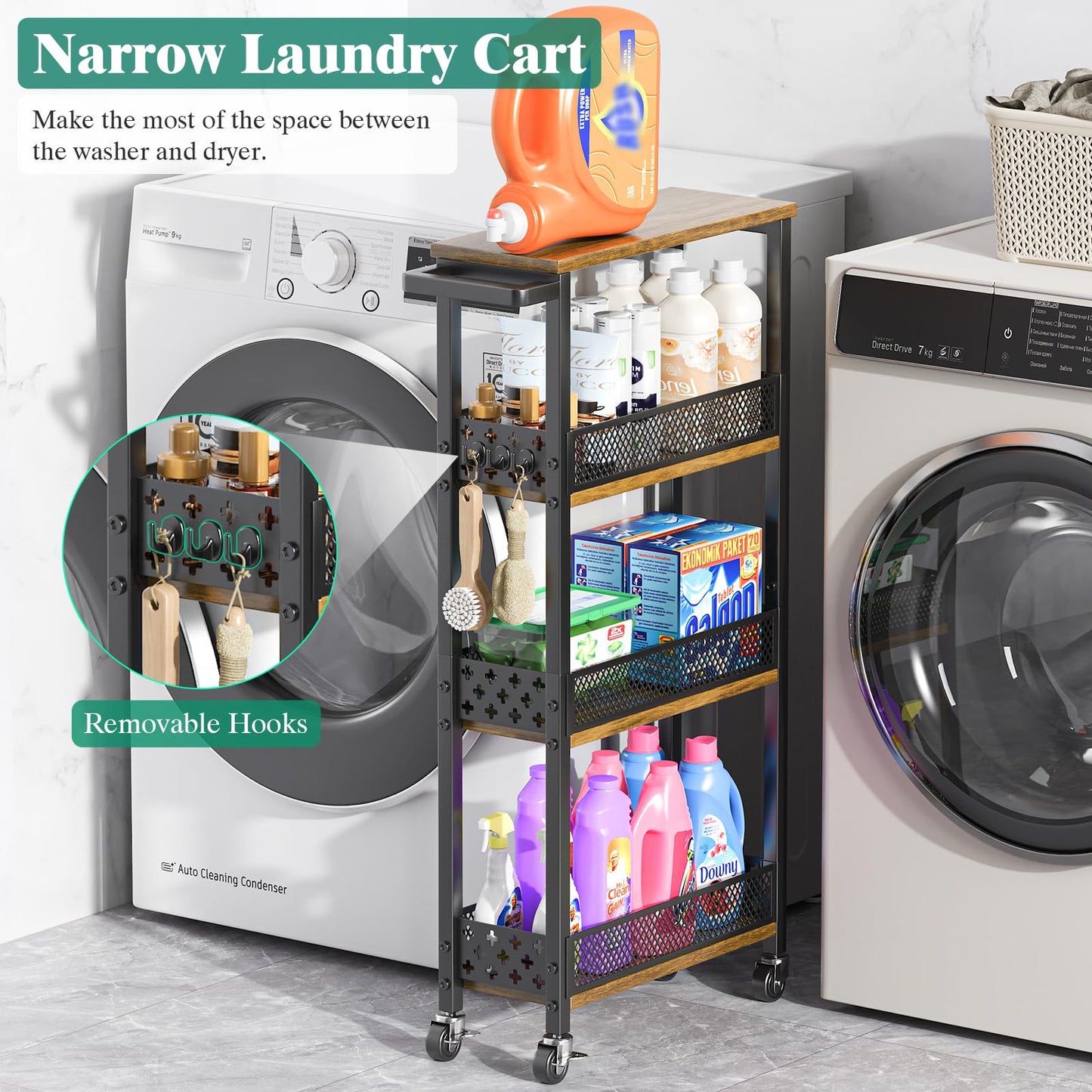Giwil 4-Tier Slim Rolling Storage Cart for Kitchen Bathroom Organizer, Mobile Narrow Storage Cabinet Utility Cart with Wood Rack on Wheels for Pantry Laundry Small Space