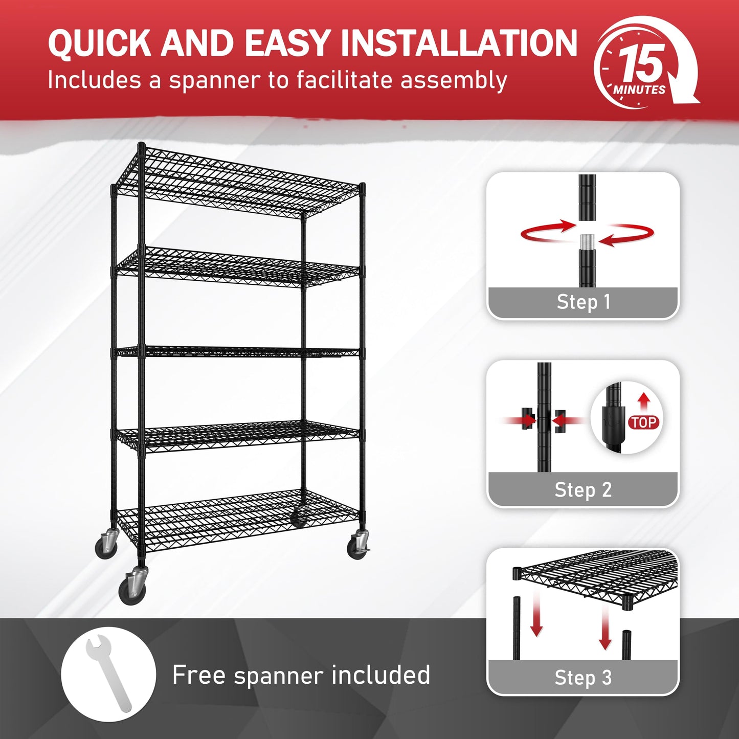 MUPATER 48" W x 24" D x 72" H Metal Wire Rack Shelving with Wheels, 3000lbs 5-Tier Rolling Storage Shelves, Adjustable Height, Heavy Duty Pantry Shelves for Garage, Kitchen, Laundry, Commercial, Black