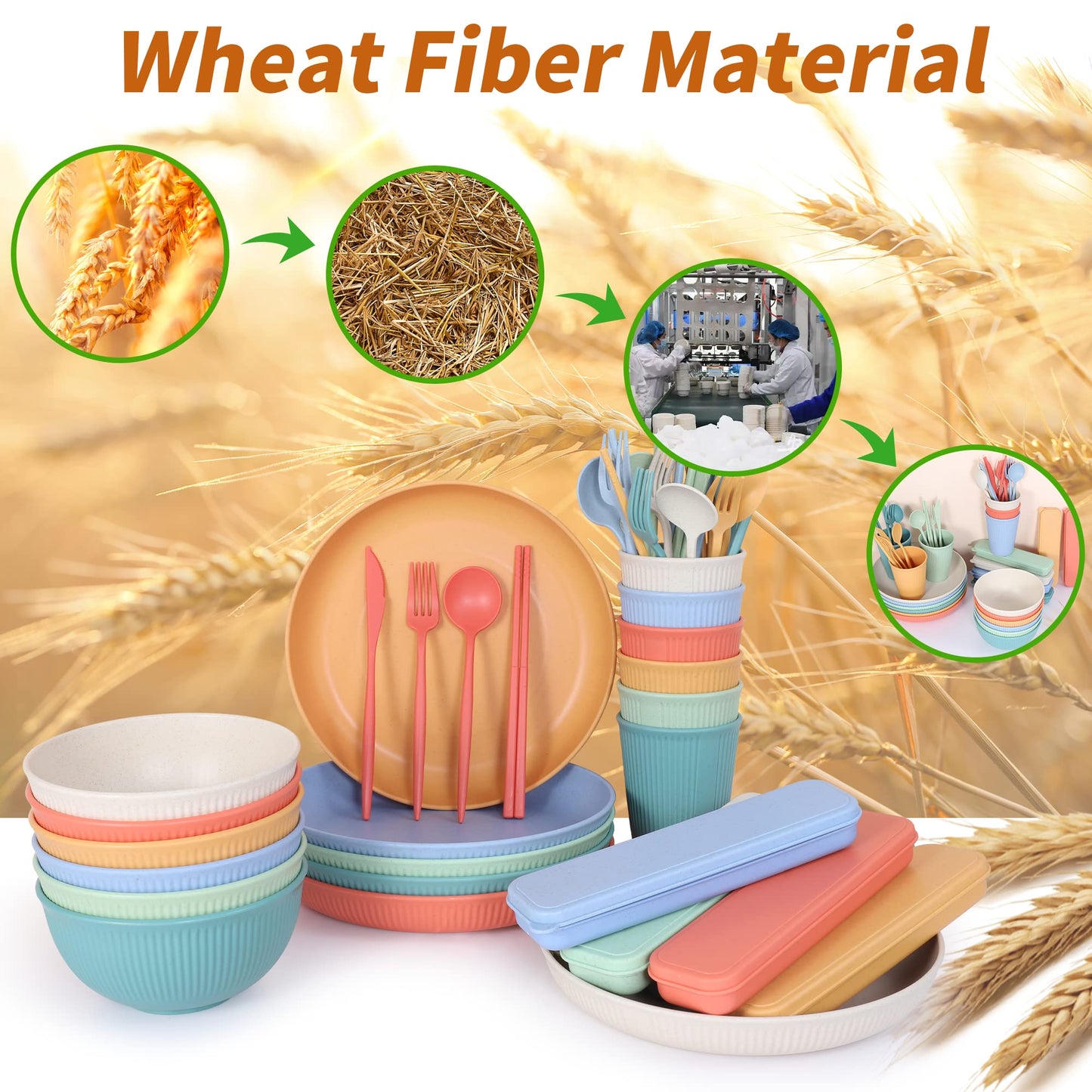 Becutlery Wheat Straw Dinnerware Sets, Unbreakable Dinnerware Set for 6,Reusable Lightweight Tableware Dinner Dishes, Bowls, Cups, tableware, 24pcs Dinnerware Microwave & Dishwasher & Kids Safe
