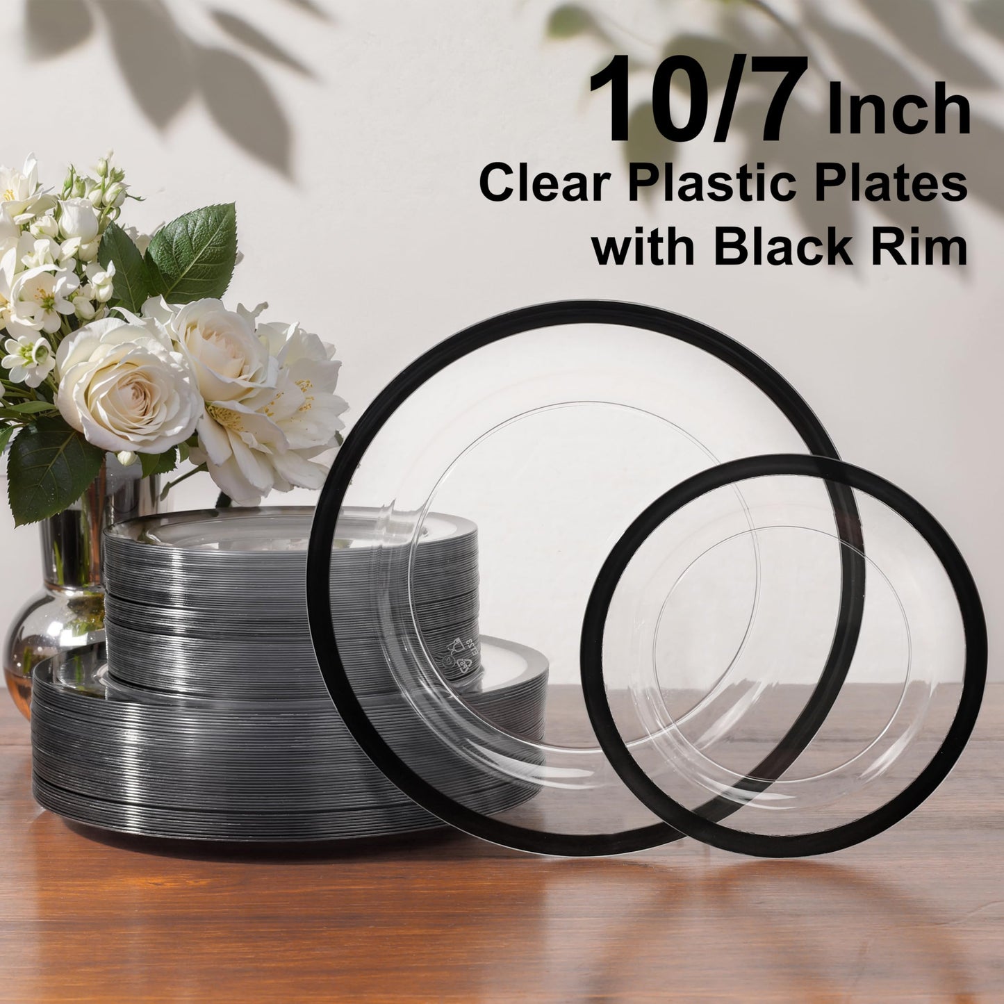 U-QE 120pcs Black Plates Disposable for Party - Clear and Black Plates Disposable Heavy Duty - Fancy Disposable Plates Include 60 10" Dinner and 60 7" Dessert Plate, Perfect for Party & Wedding