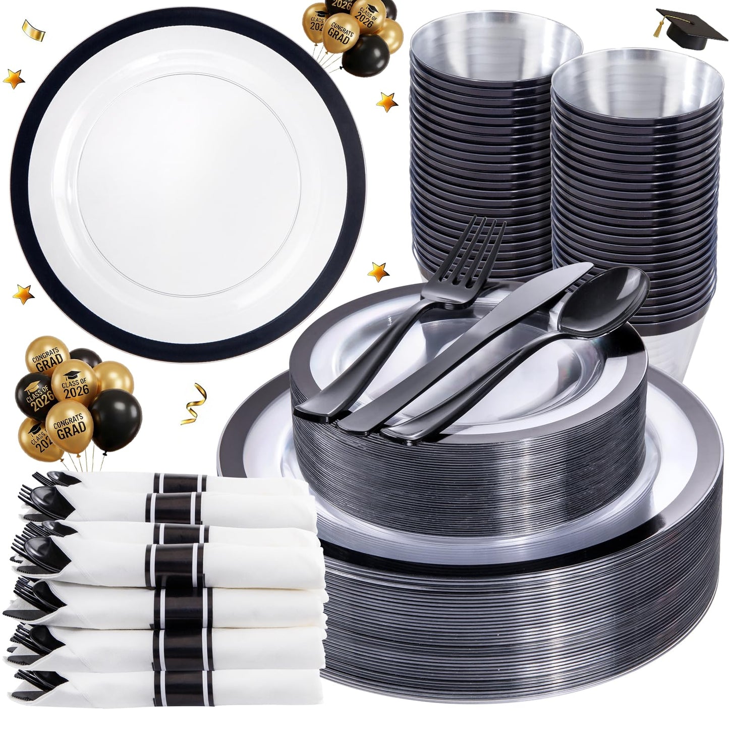 Liacere 350PCS - Clear Plates with Black Rim for 50Guests Dinnerware Include 100 Clear Plates disposable 150 Black Silverware 50 Napkins for Party & Graduation