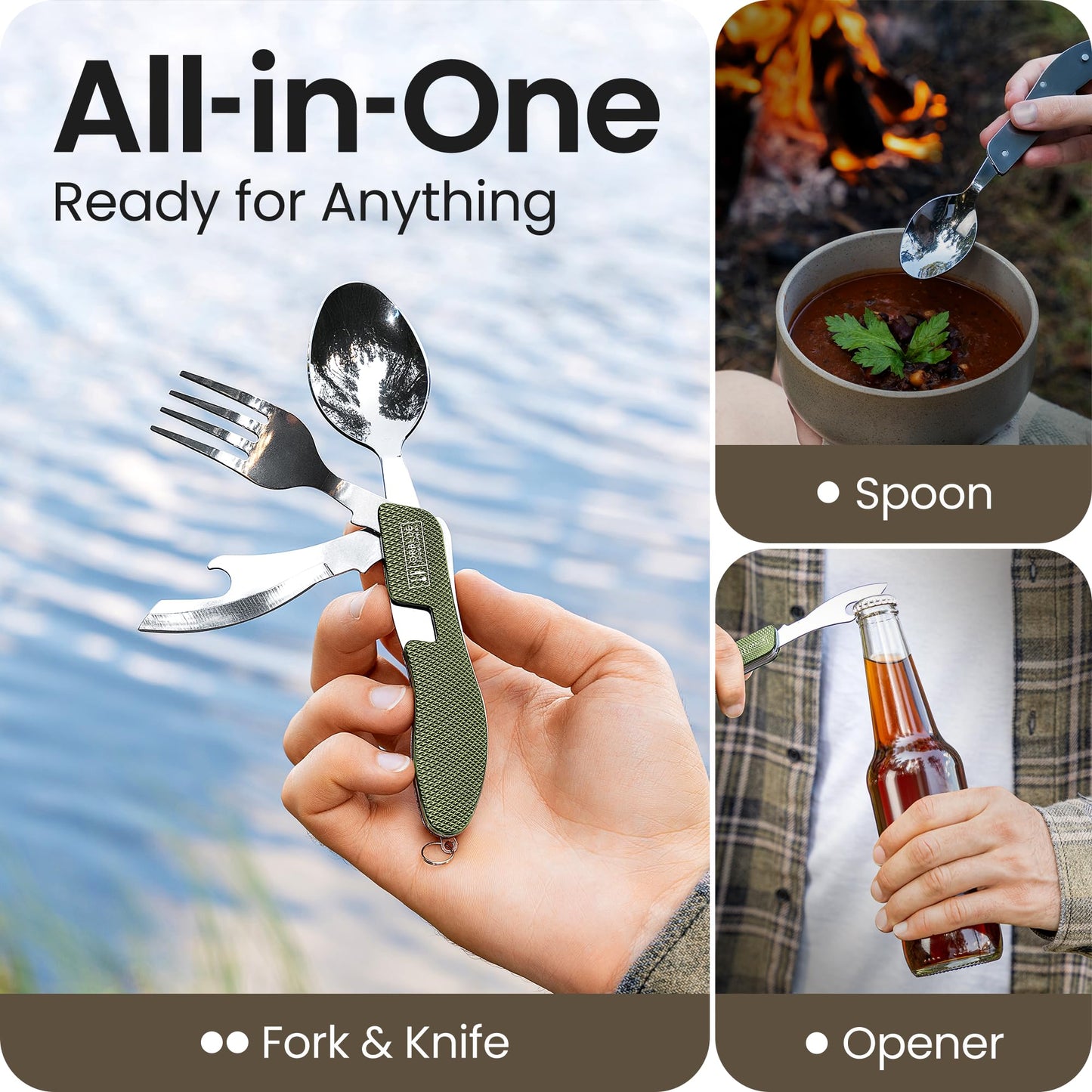 Orblue 4-in-1 Camping Eating Utensils, 2-Pack - Portable Spoon, Fork, Knife & Bottle Opener Combo Set - Stainless Steel Flatware with Detachable Fork - Backpacking Cutlery Multitool, Olive Green