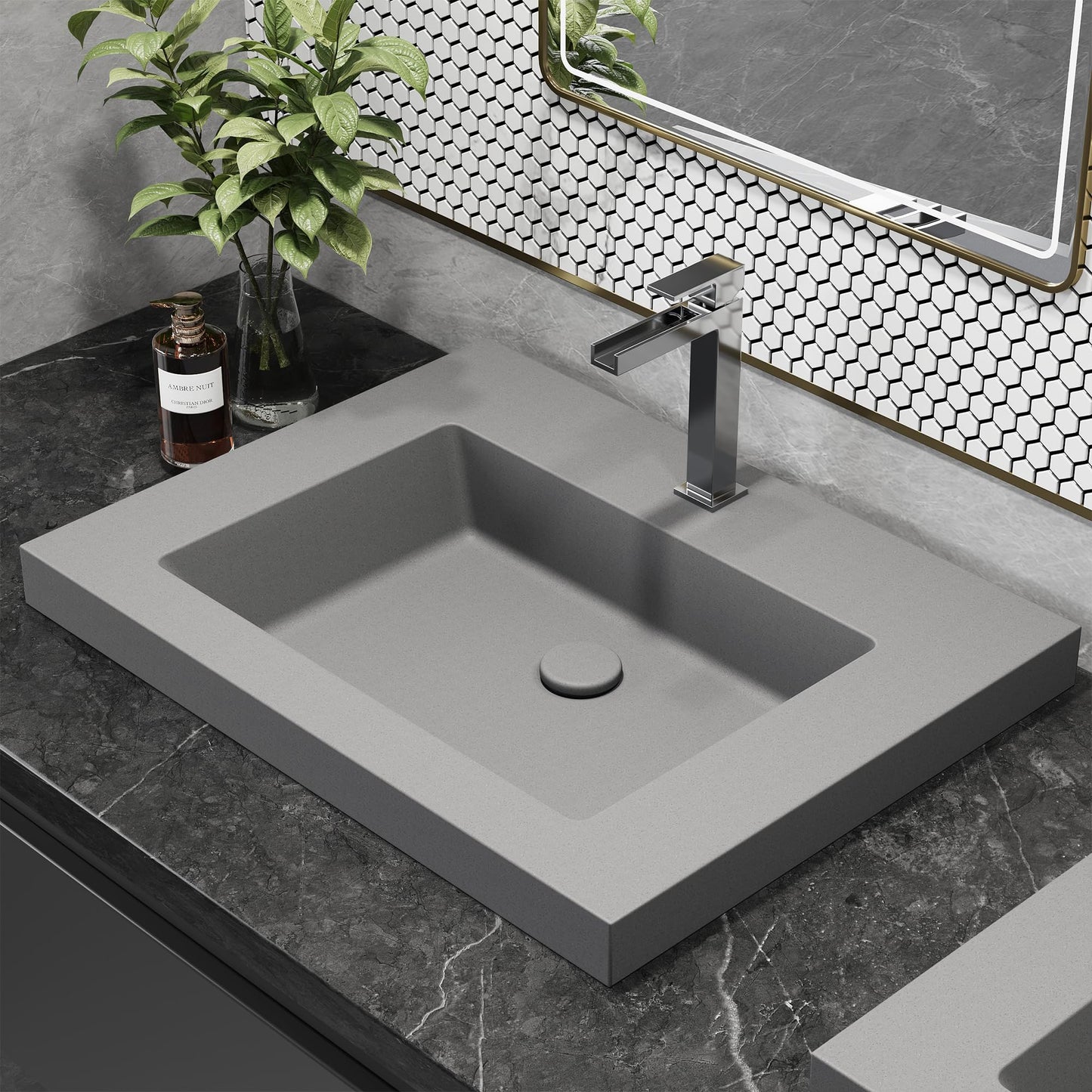 Weibath Semi Recessed Bathroom Sink, 23.4 Inch Rectangular Bathroom Vessel Sink, Drop-In Countertop Basin with Single Faucet Hole, Center Drain Assembly for Modern Vanity Cabinet, Gray