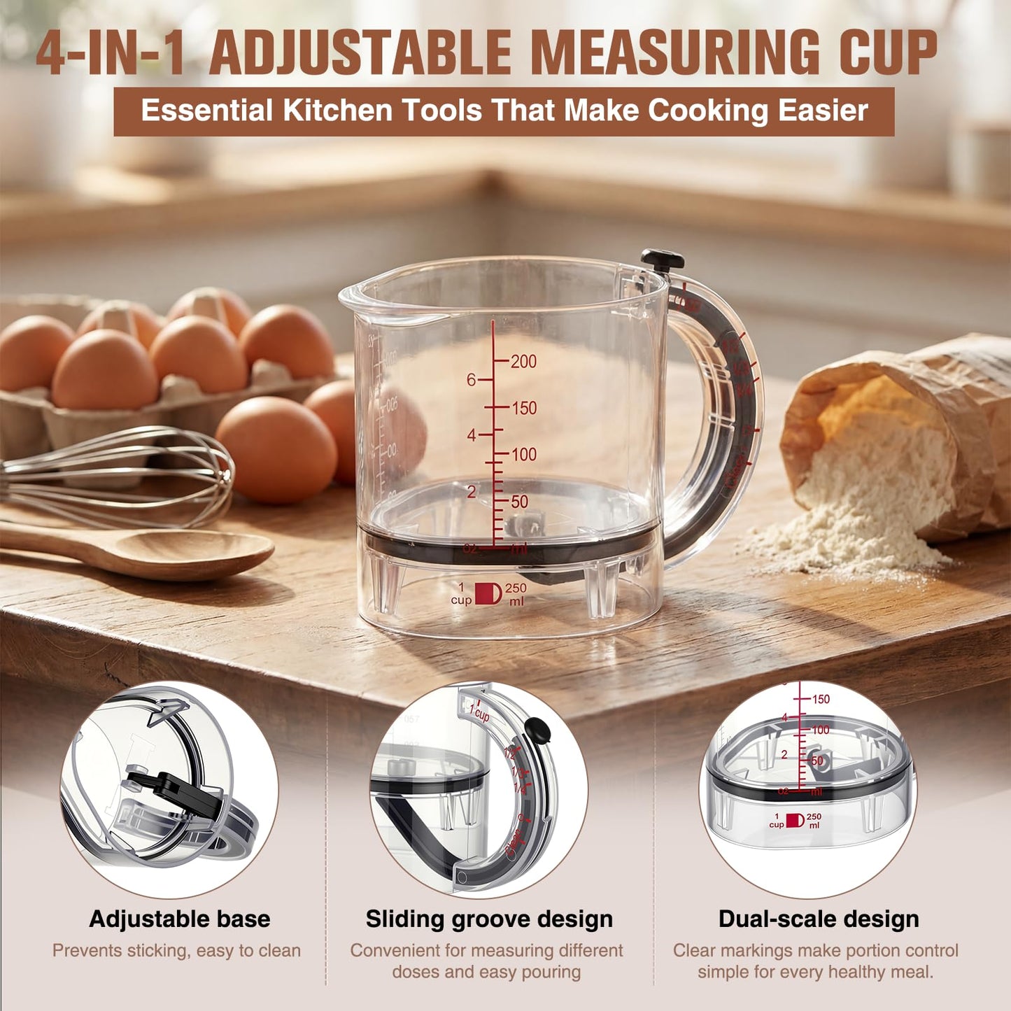 Saysurey 4 In1 Adjustable Measuring Cup Set Multi with Scraper Style Seal Base Adjustable Measuring Spoon Measurement Conversion Chart Space Saving Easy to Clean for Baking Cooking