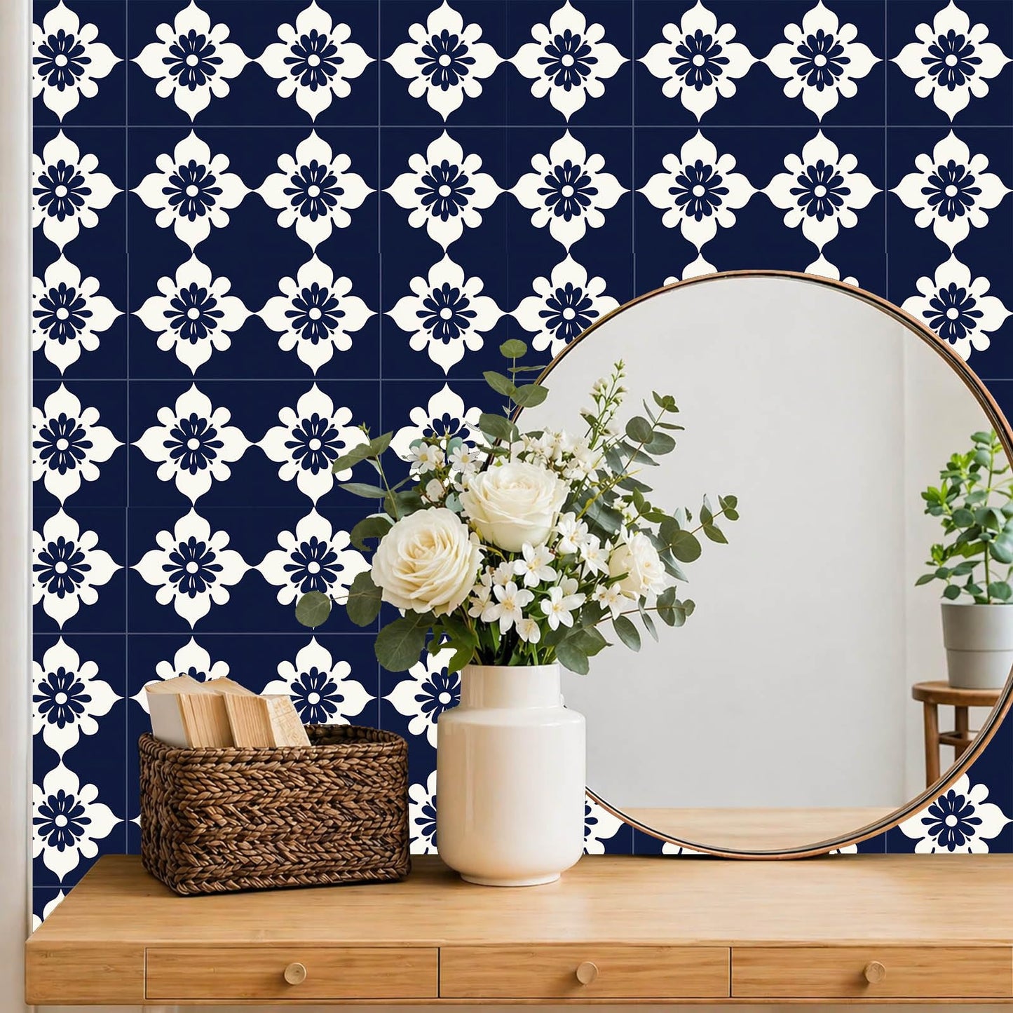 IVN 10PCS 12x12 Inch Navy Floral Pattern Peel and Stick Floor Tiles Removable Self Adhesive Vinyl Flooring Stickers for Bathroom Kitchen Balcony Decor