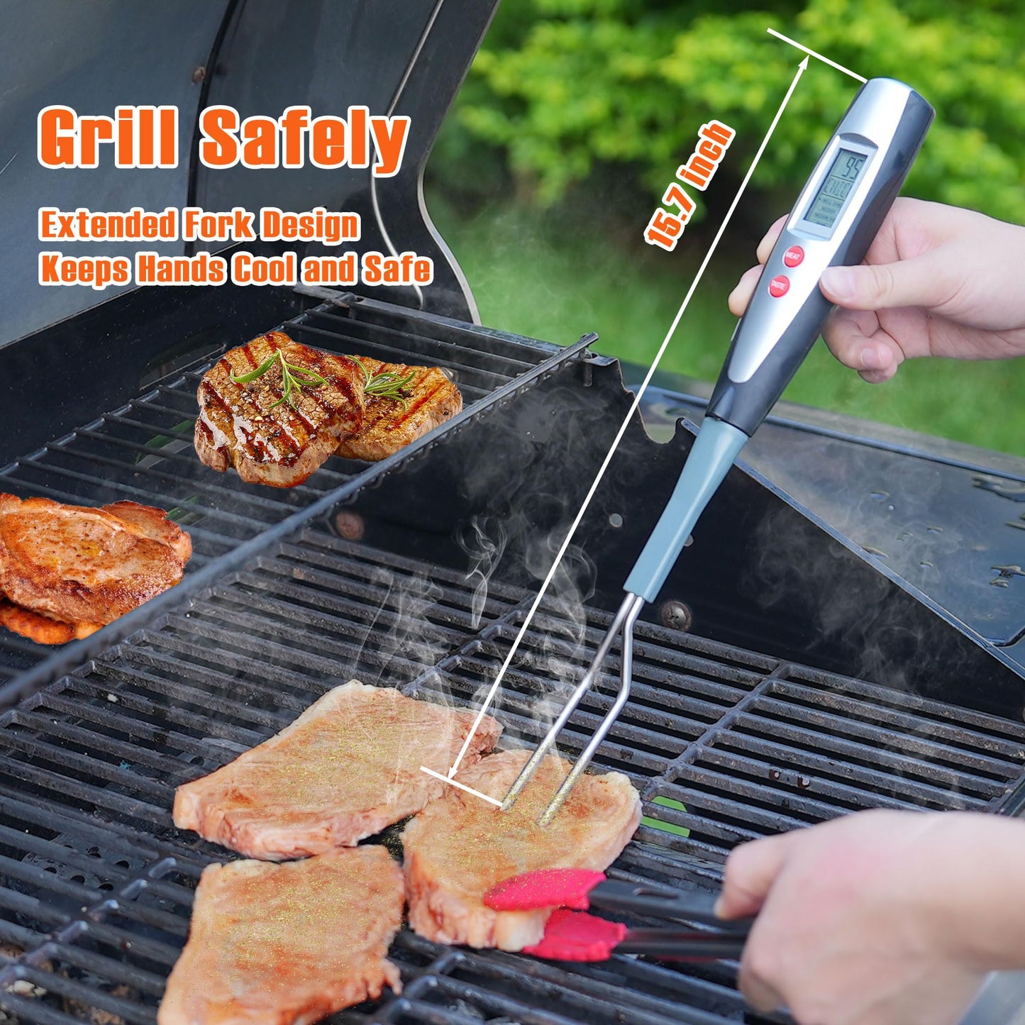 lfcforldx Meat Thermometer Fork for BBQ & Grilling – Instant Read Food Thermometer with Preset Meat Temperatures, Long Heat-Safe Handle, Backlit LCD for Steak, Chicken & Outdoor Cooking, Black