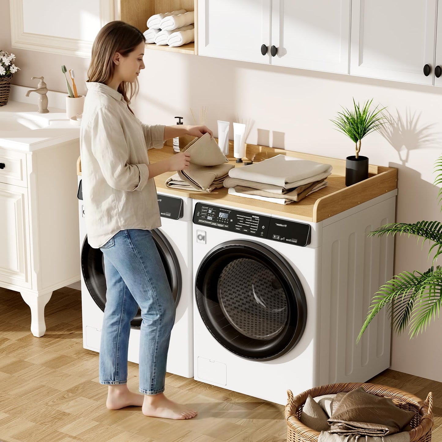 FZGhome Washer Dryer Countertop, 27.5 x 54 Inch Washer and Dryer Countertop for Laundry Room Organization with Edge Wooden, Oak