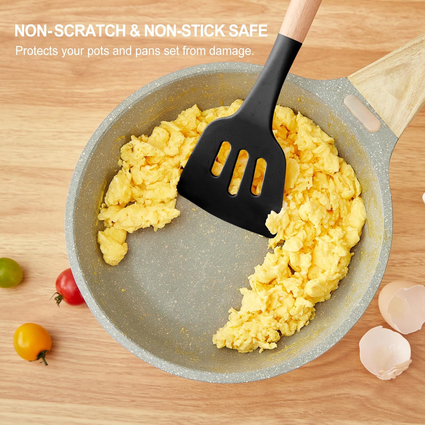 Gaixvny Kitchen Utensils Set - 34 PCS Non-Stick Silicone Cooking Utensils Set Spatula Set with Holder, Wooden Handle Spoon,Brush,Whisk Kitchen Gadgets Tools Set for Nonstick Cookware (Black-34P)