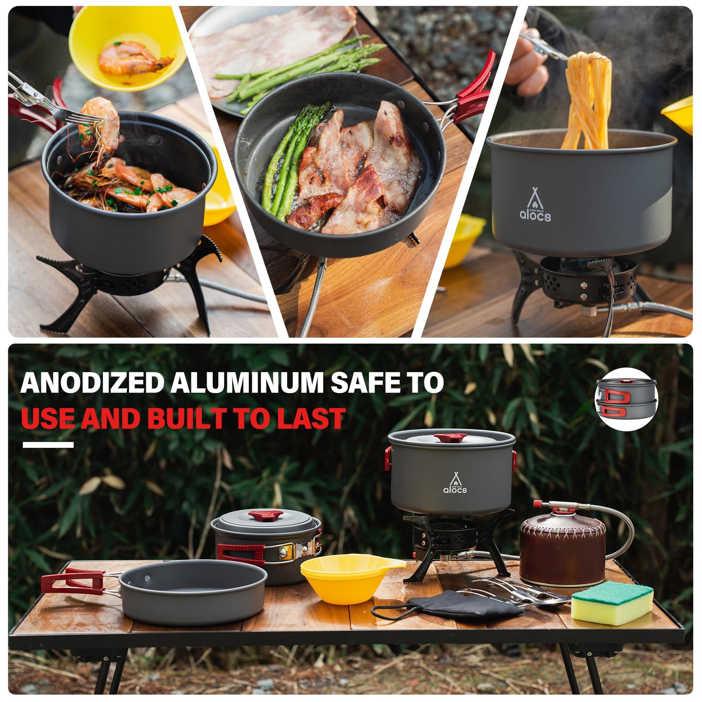 Alocs 13pcs Camping Cookware, Portable Camping Essentials with Accessories, Camping Gear Camping Cooking Set for Outdoor Cooking, Backpacking, Hiking and Picnic