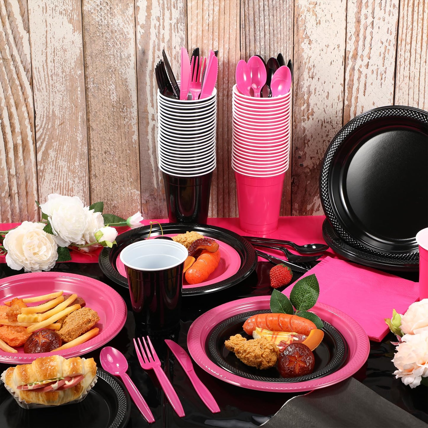 Uiifan 194 Pcs Plastic Plates Party Set Disposable Tableware Set for 24 Guests with Plastic Plates Spoons Forks Knives Cups tablecloth Napkins for Graduation Birthday Wedding Party(Hot Pink,Black)