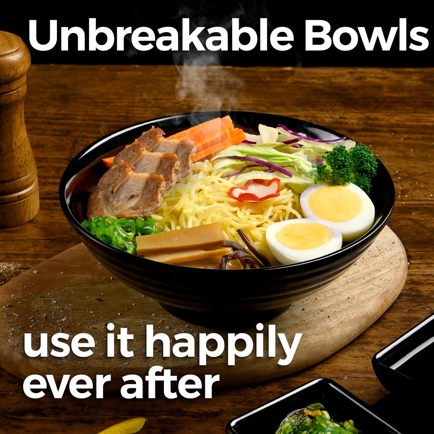 Unbreakable Ramen Bowl Set with Chopsticks and Spoon: 2 large Japanese Style Melamine Ramen Bowls, Dipping Bowls and Chopstick Stands for Asian Pho Soup Thai Miso Udon Wonton (2 Bowl Set, Black)