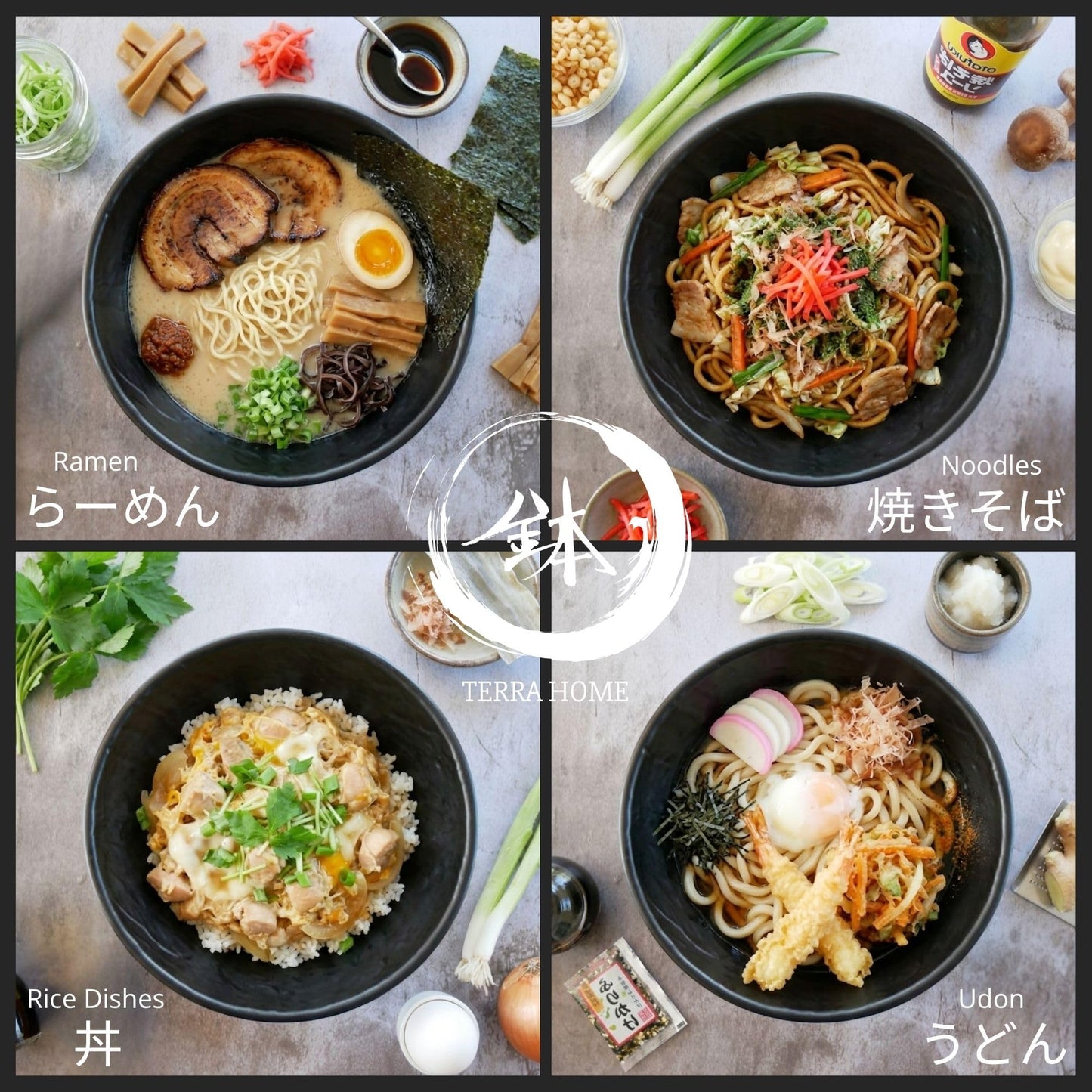 TERRA HOME Ramen Bowl and Spoon Set with Chopsticks - Large Pho Bowls and Spoons Set Unbreakable Japanese Melamine Ramen Bowl - 6 Piece Matte Black Asian Ramen Noodle and Soup Bowls - 54 Ounce
