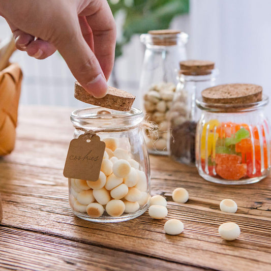 Brajttt Mini Yogurt Jars 30 Pack, 7 oz Glass Favor Jars with Cork Lids, Pudding Containers with Lids, Mason Jar Wedding Favors Honey Pot with Label Tags and String