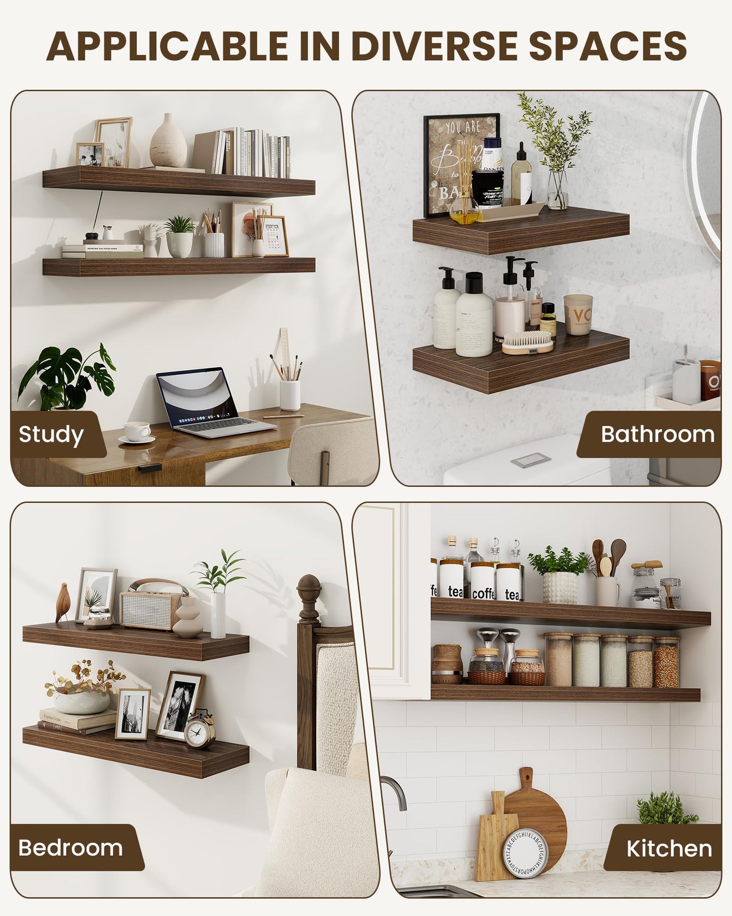 Marsmiles 16" Floating Shelves for Wall, Wooden Shelves with Invisible Brackets Set of 2, Rustic Farmhouse Wall Mounted Shelf for Kitchen Bathroom Living Room Study, Walnut